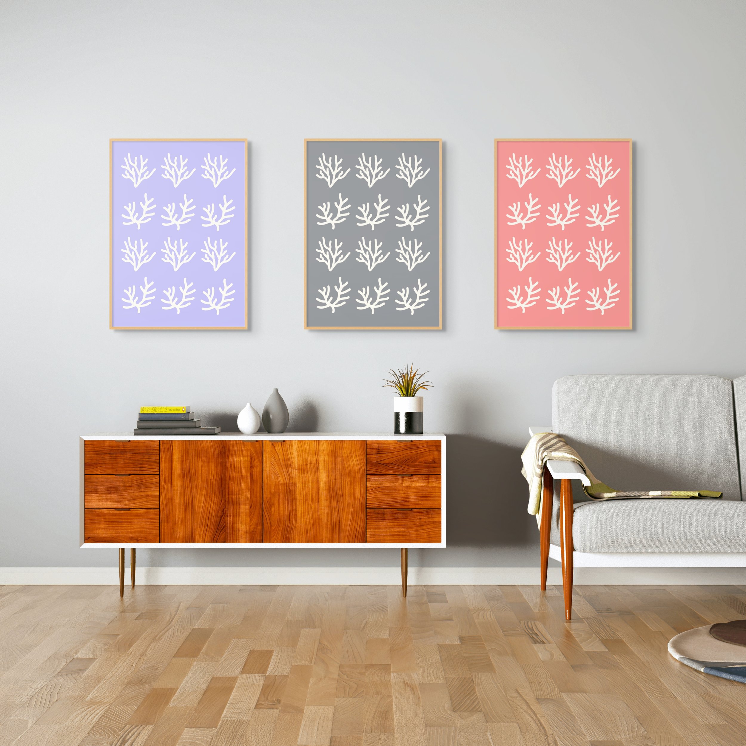 set of sea themed prints in living room
