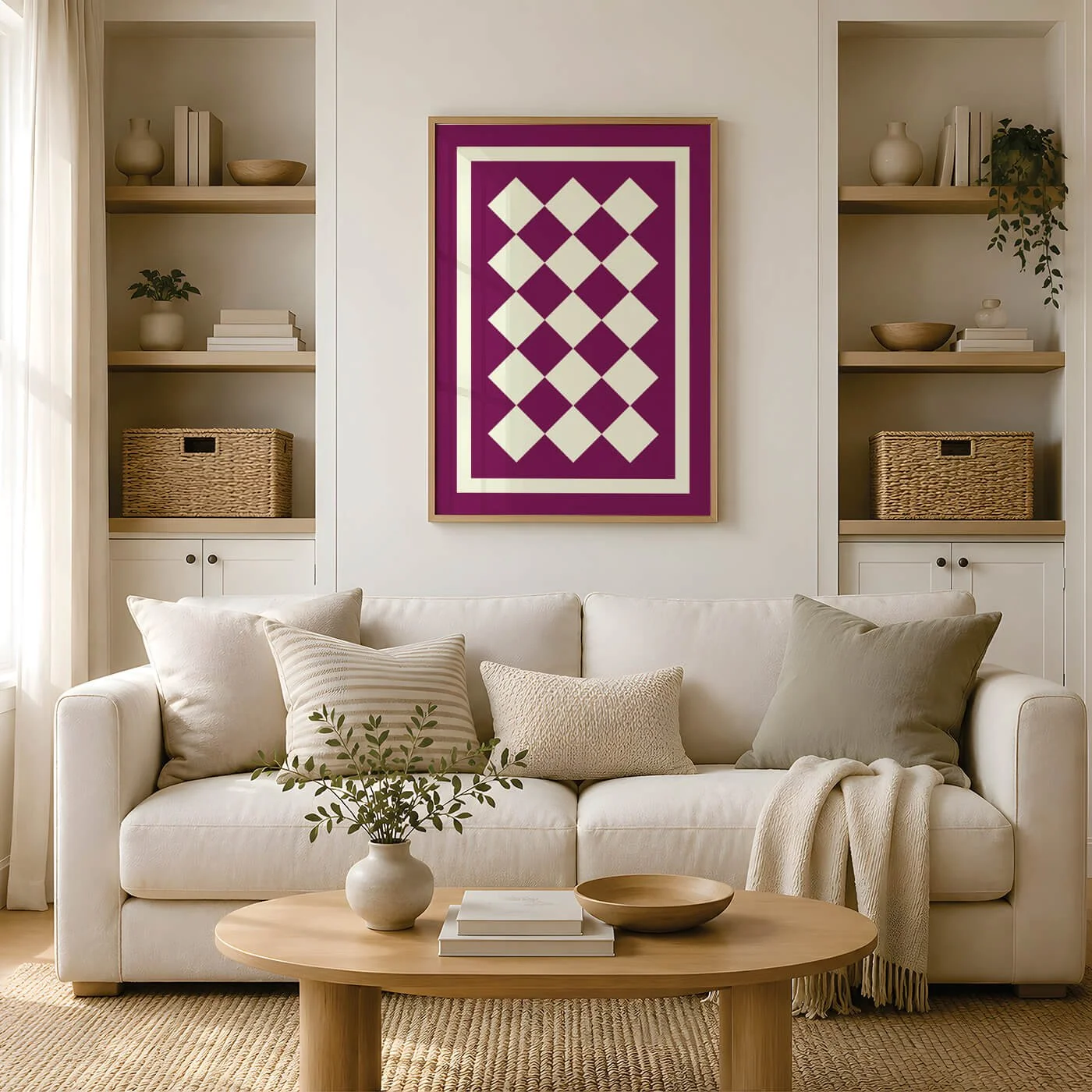 Burgundy geometric wall art print with cream diamond pattern displayed above a sofa in a contemporary living room