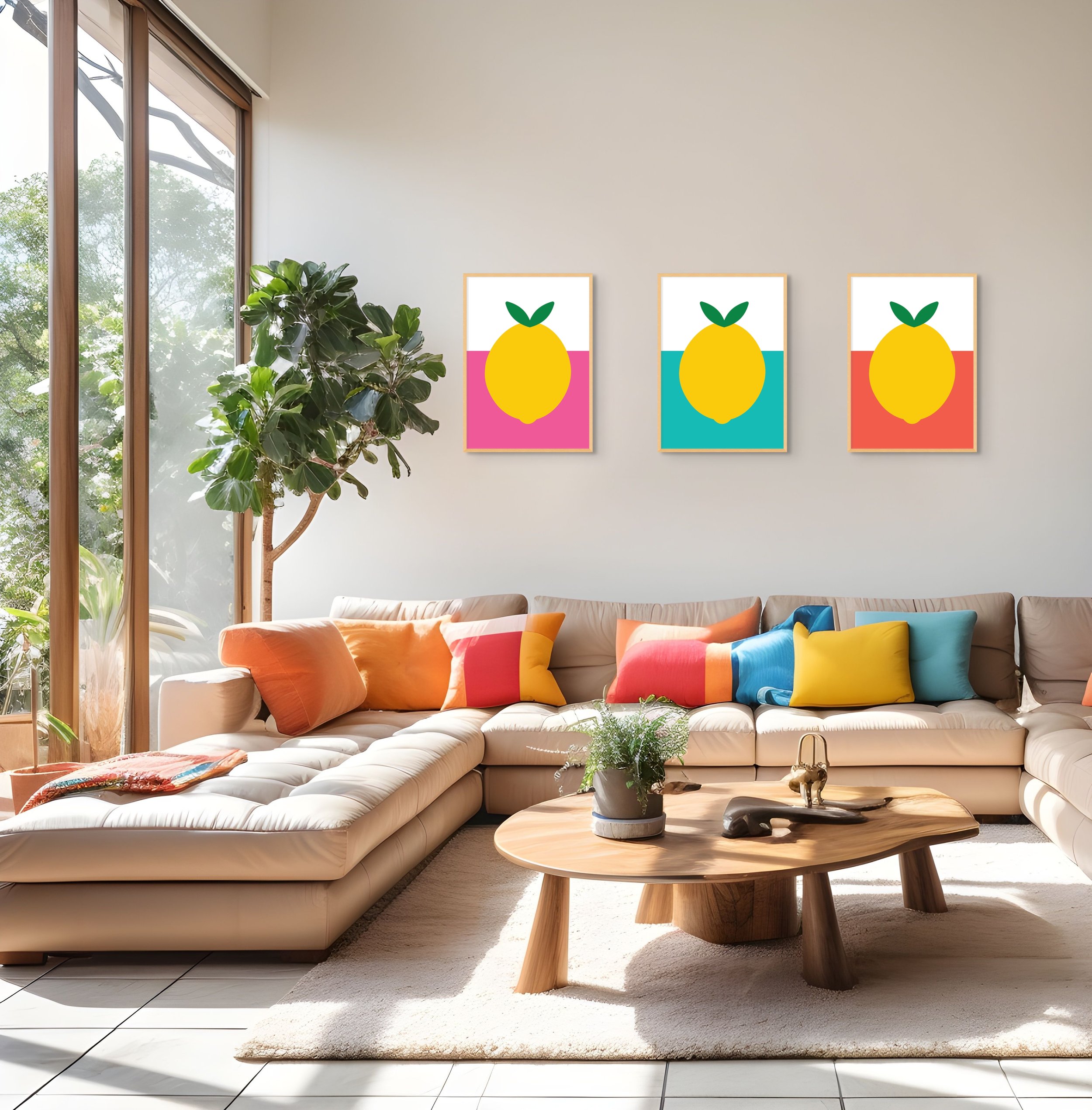 set of prints in living room. prints are colourful lemons