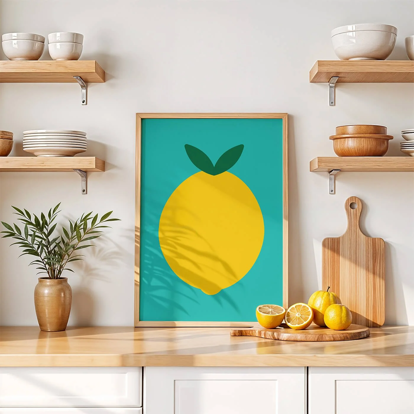 Decorative kitchen scene with a framed print of yellow lemons on a teal background, a potted plant, a croissant on a plate, a coffee cup and saucer, a moka pot, and wooden cutting boards near a window.