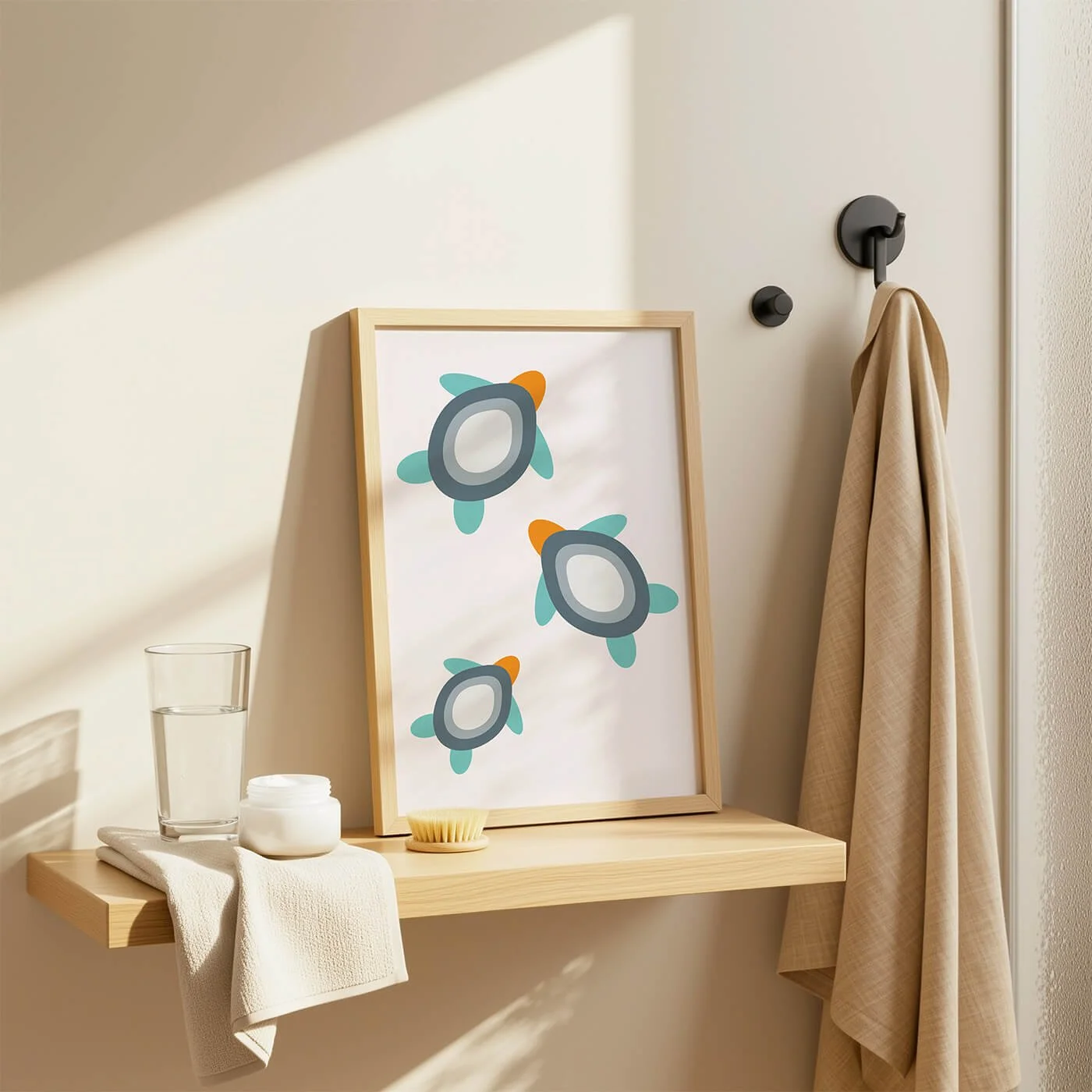 framed print of grey turtles displayed in modern bathroom