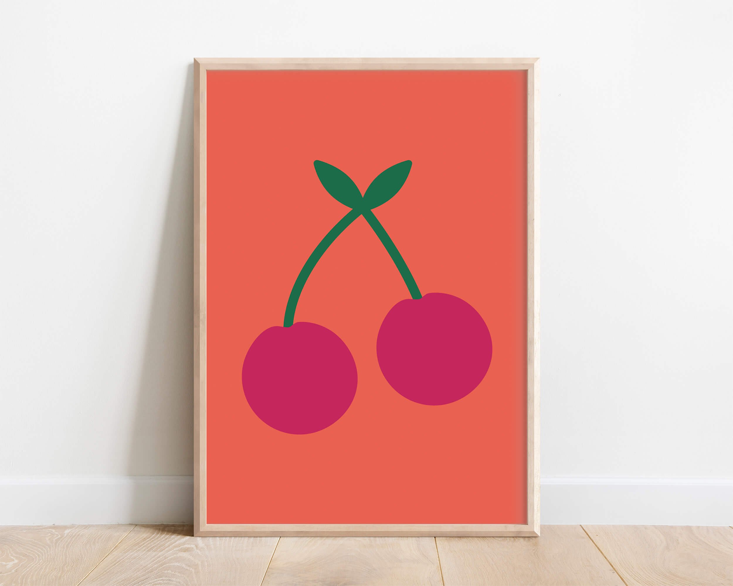 Framed cherry wall art in bright coral tones - minimalist style home decor