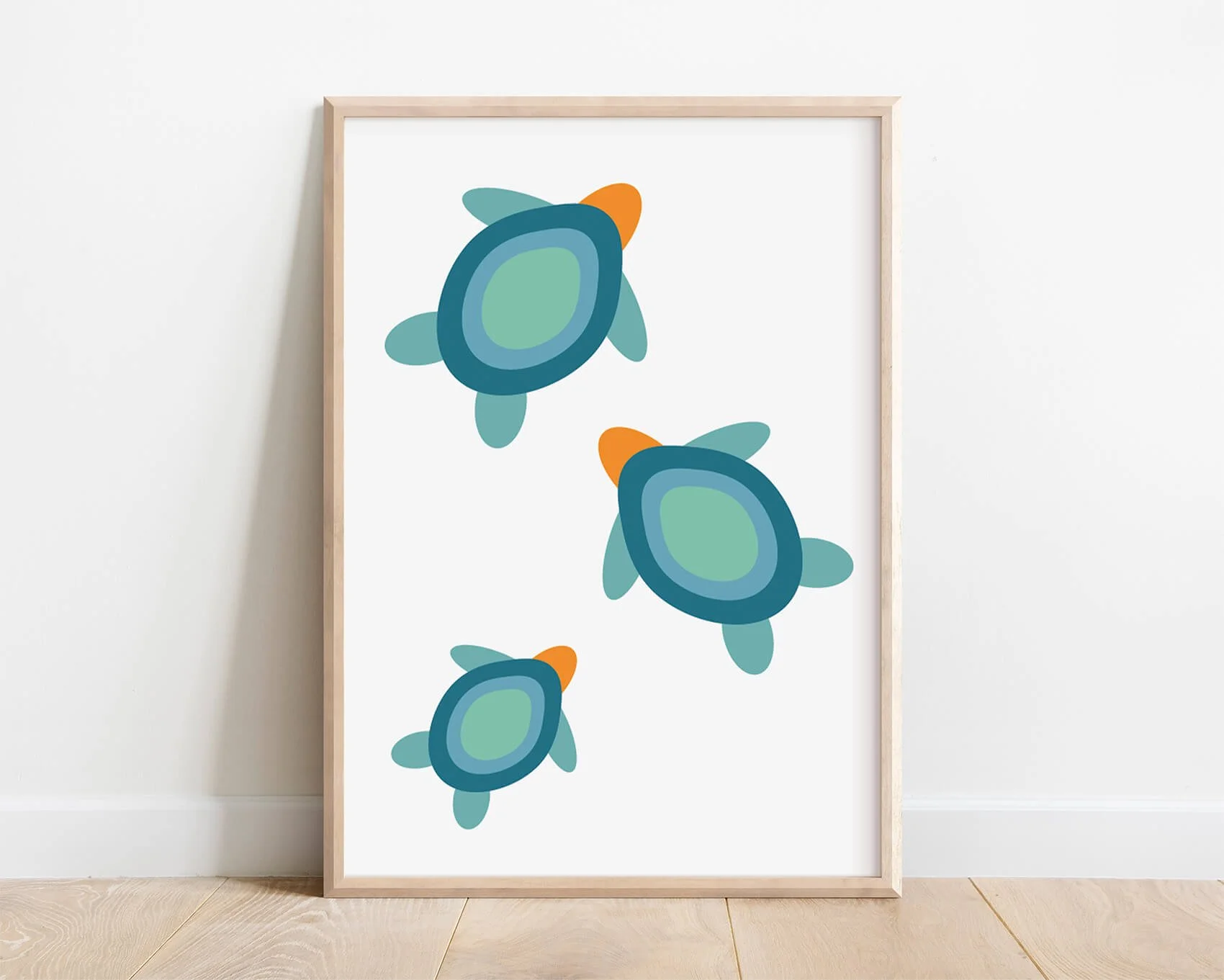 Framed picture of abstract sea turtles print in hues of green