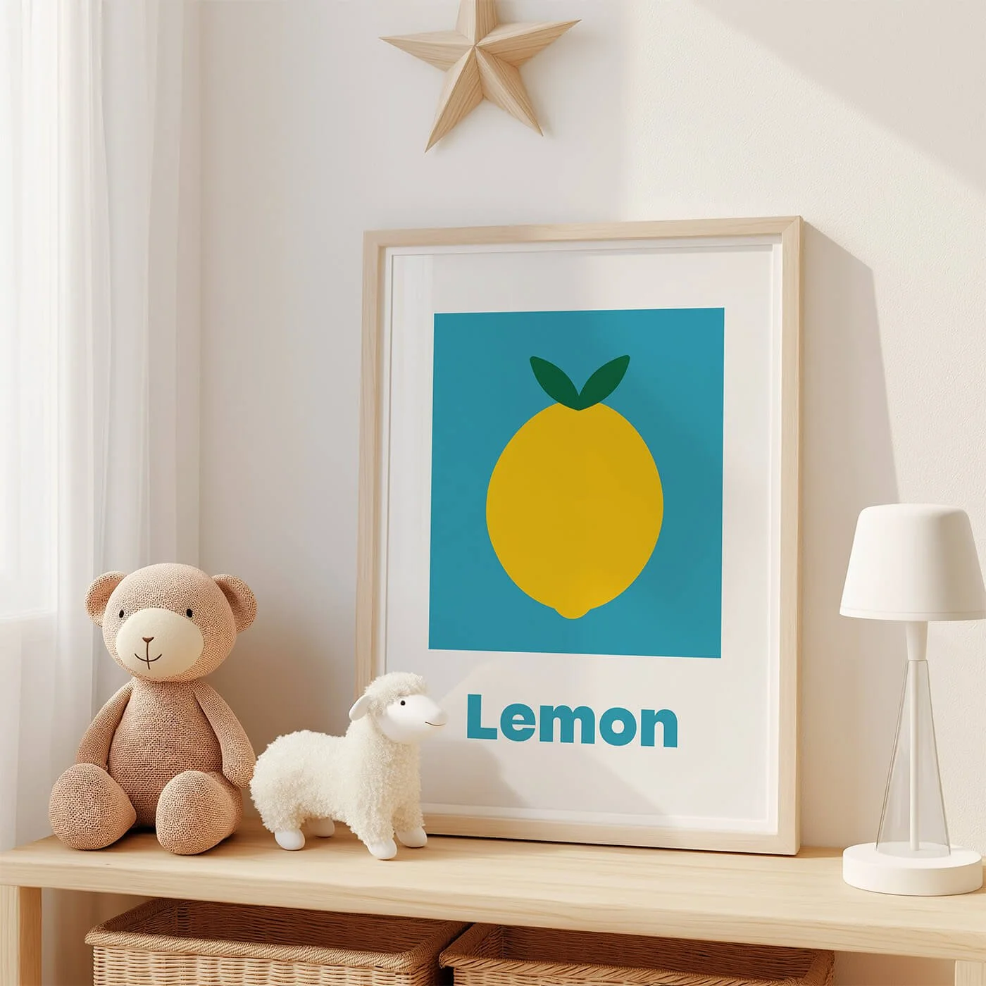 Lemon learning print displayed in wooden frame on modern woo shelf in kids room next to stuffed animals