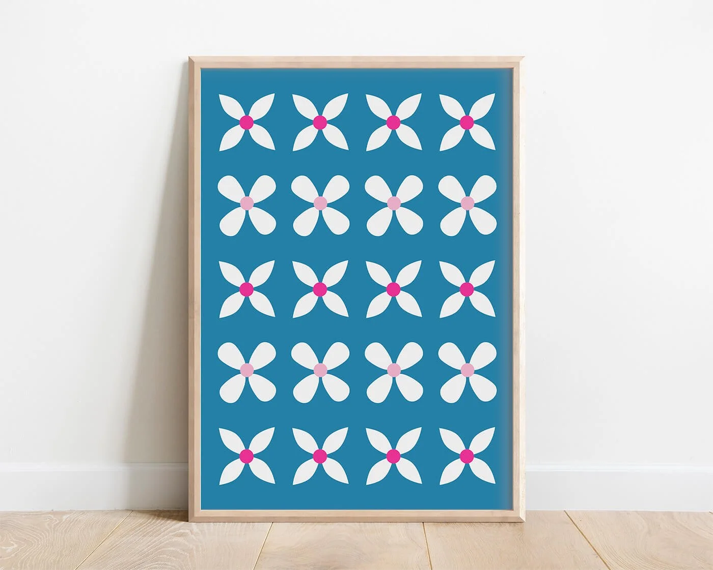 framed picture of modern abstract flowers on blue background
