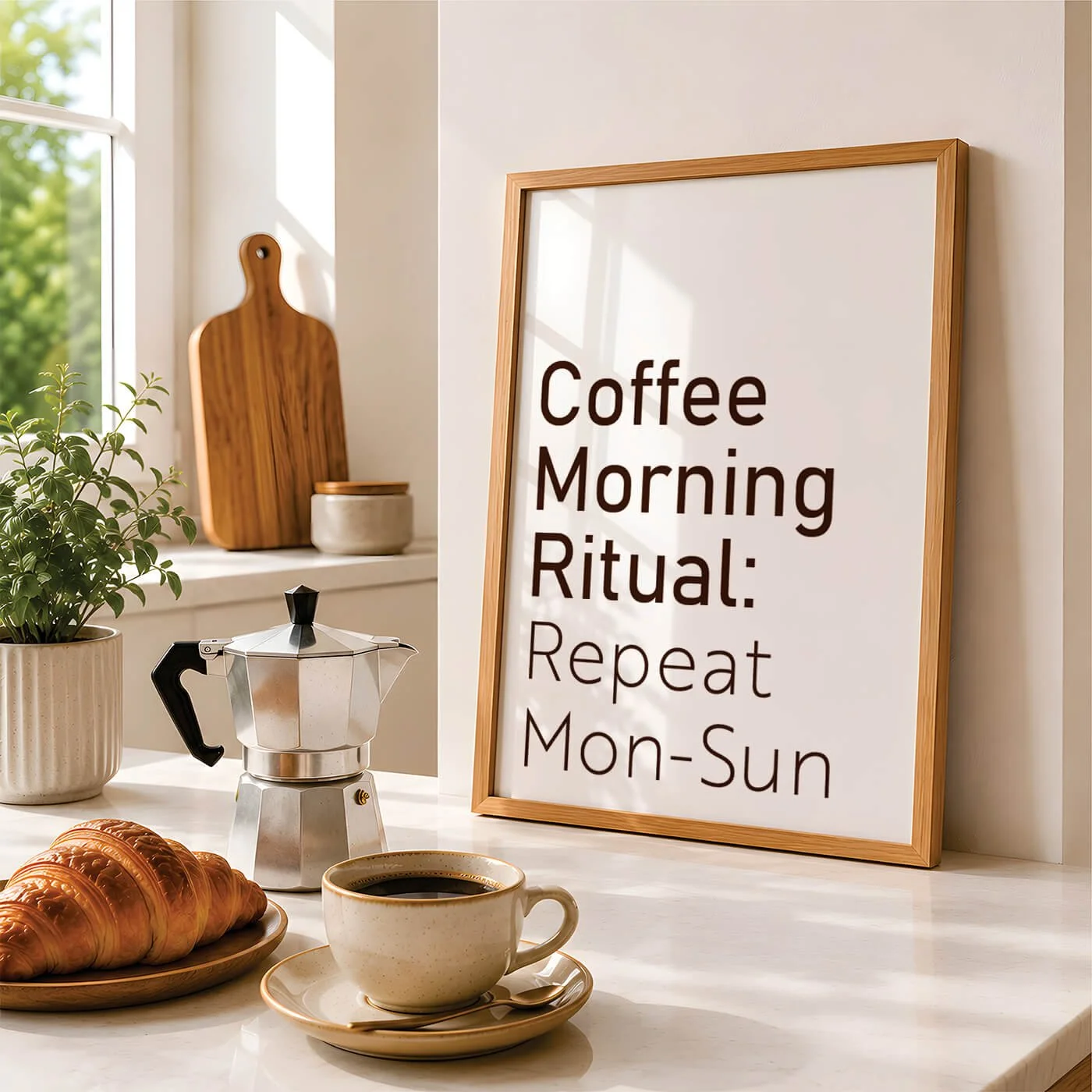 Framed coffee ritual typography print displayed next to a coffee pot and a croissant