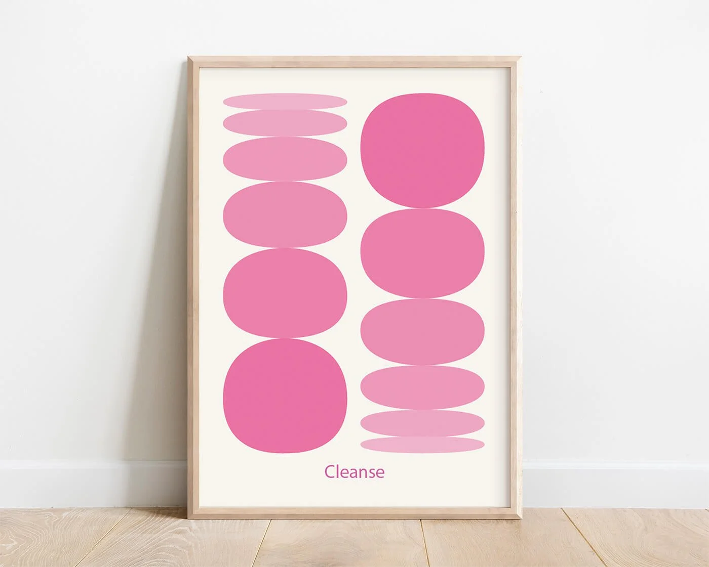 modern spherical shapes positive energy print in a frame on a white wall.