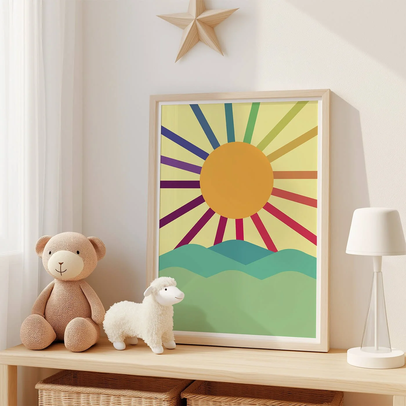framed rainbow print with yellow background displayed on shelf in childrens bedroom
