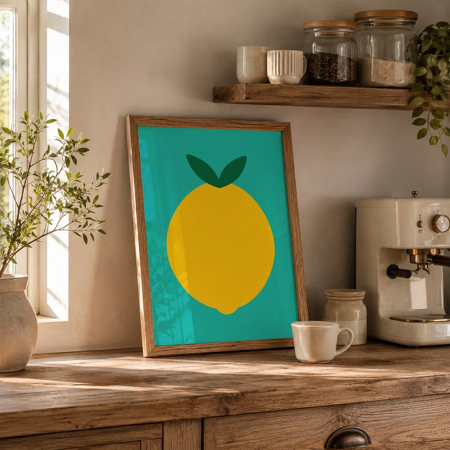 Decorative kitchen scene with a framed print of yellow lemons on a teal background, a potted plant, a croissant on a plate, a coffee cup and saucer, a moka pot, and wooden cutting boards near a window.