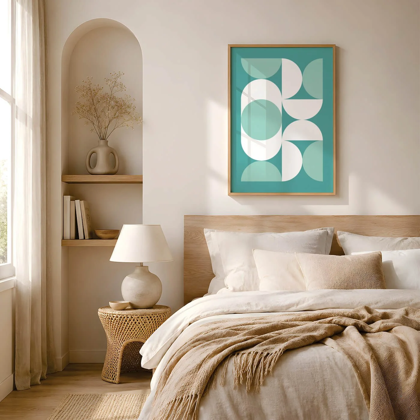 Green Bauhaus wall art print hanging above wooden bed in neutral Scandi-inspired bedroom