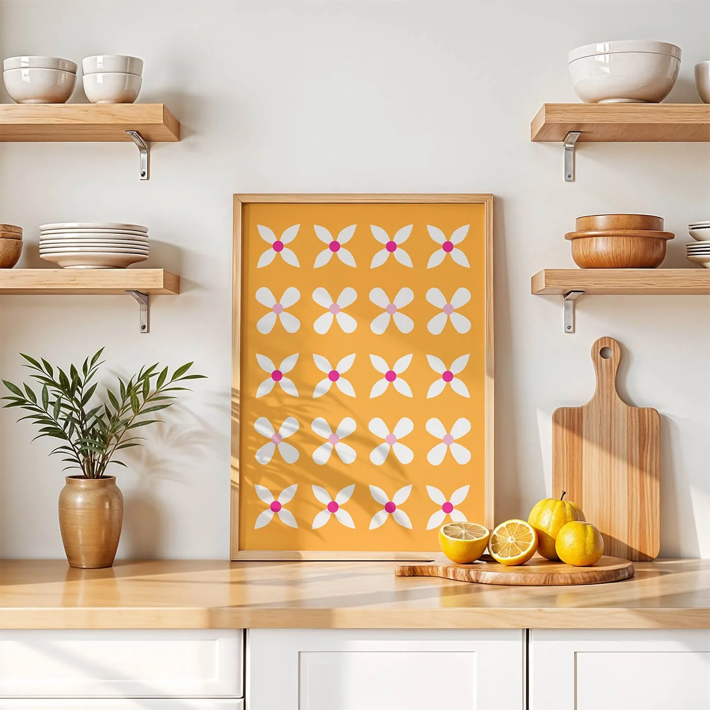 Modern yellow Abstract Flowers Print with white flowers on a turquoise background styled in a Scandinavian white kitchen