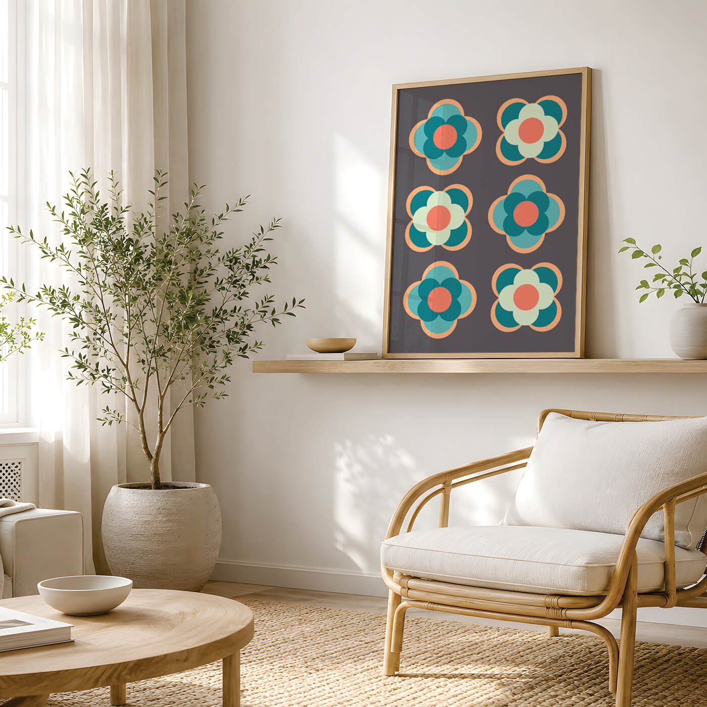 Contemporary geometric flower print framed in light wood on a floating shelf, styled in a luxury modern living room next to a rattan armchair