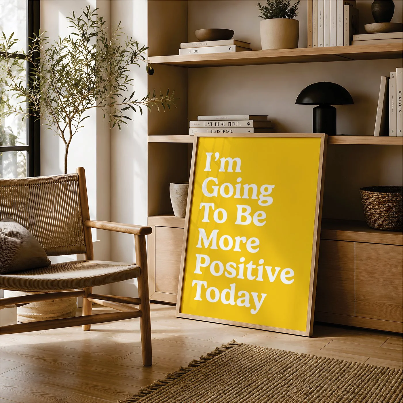 yellow typography print in frame displayed against wooden sideboard in modern office room