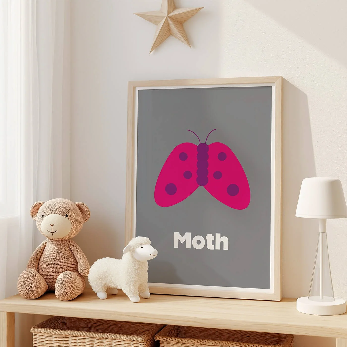 Moth Learning Print displayed in a modern oak frame on a shelf in a contemporary children's bedroom with two soft toys. Colourful moth wall art on a grey background