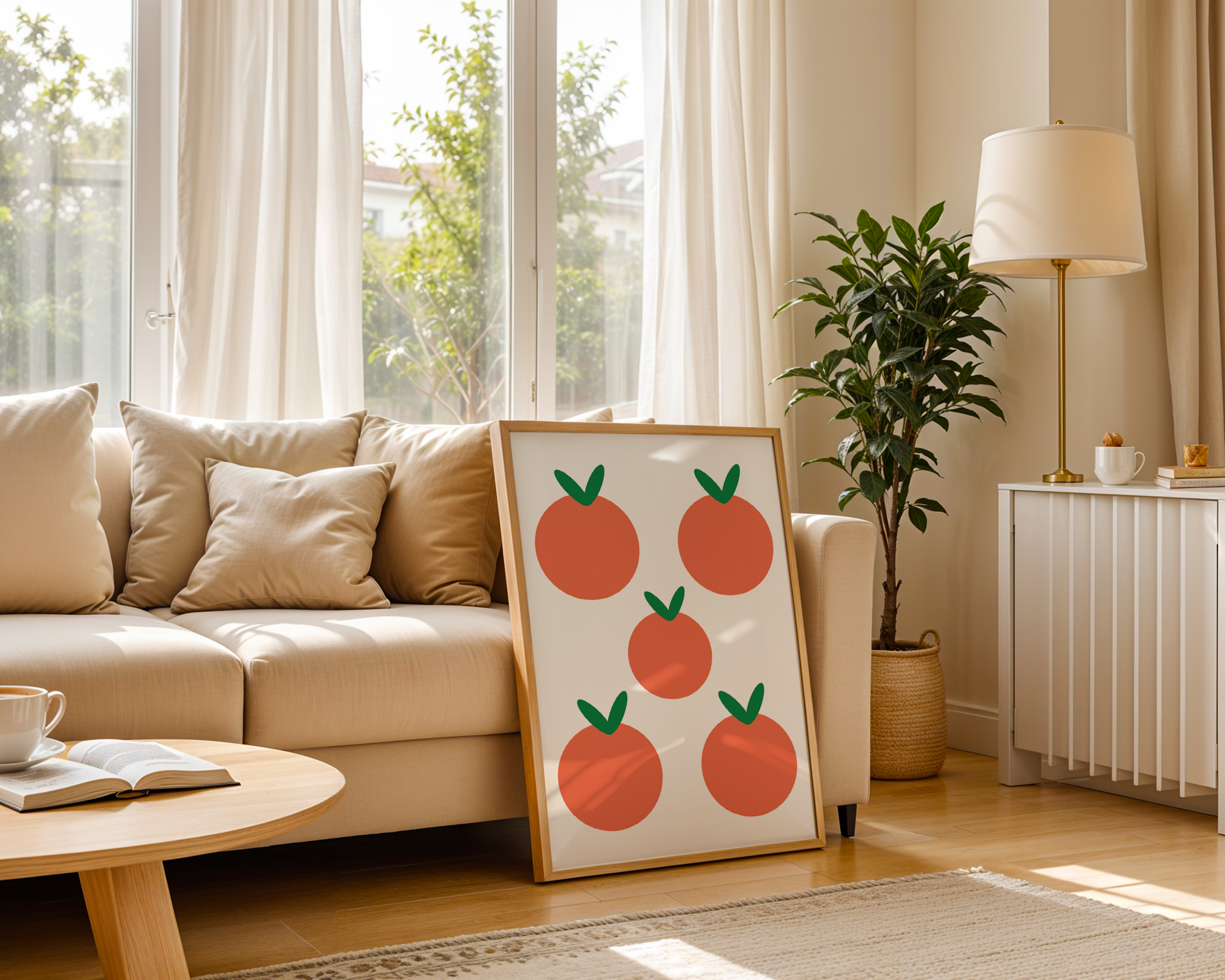 orange print in living room