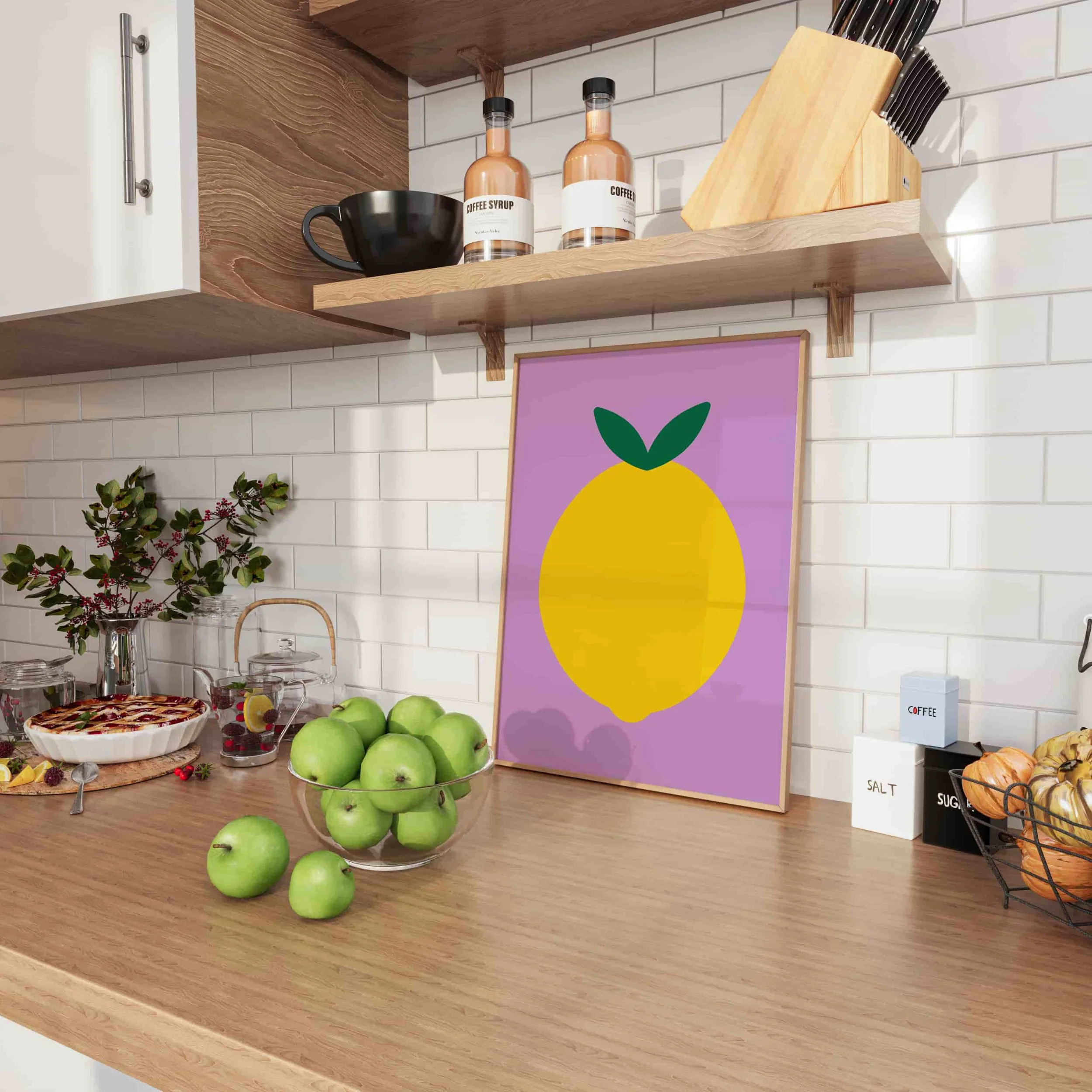 simple lemon art print for living room in a bright purple colour sitting on top of a scandi styled white kitchen