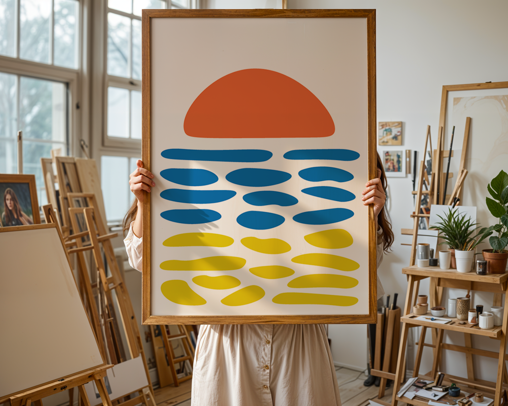 person holding abstract beach poster