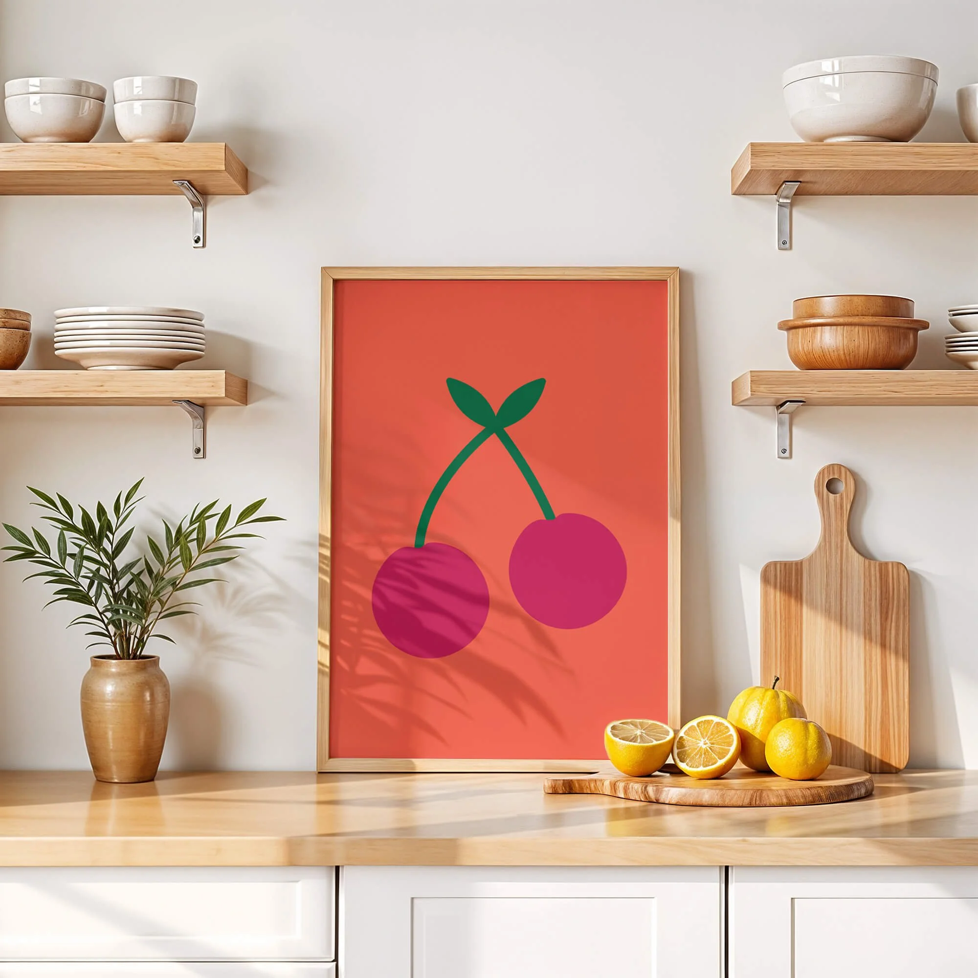 Coral cherry print hanging in a modern white kitchen, bringing a bright, fresh accent to the decor.