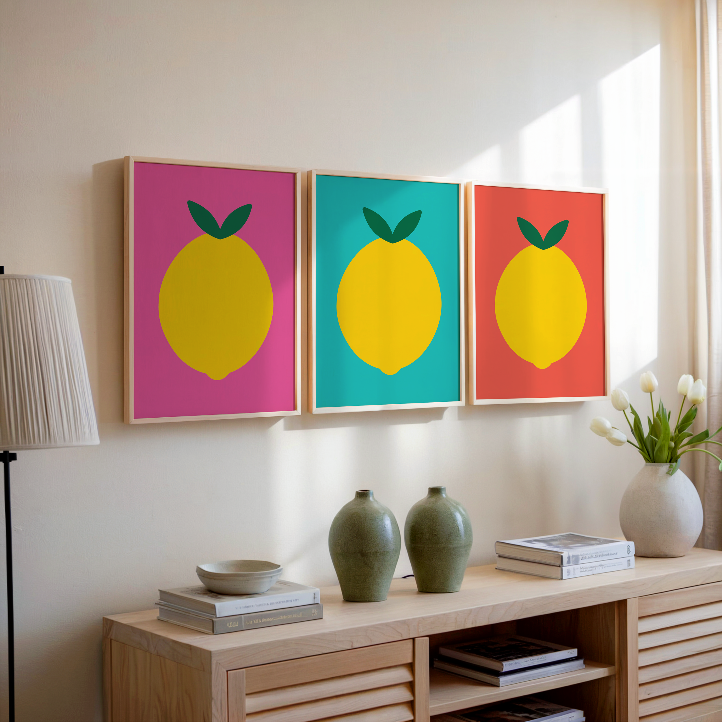 lemon print set above scandi wooden sideboard