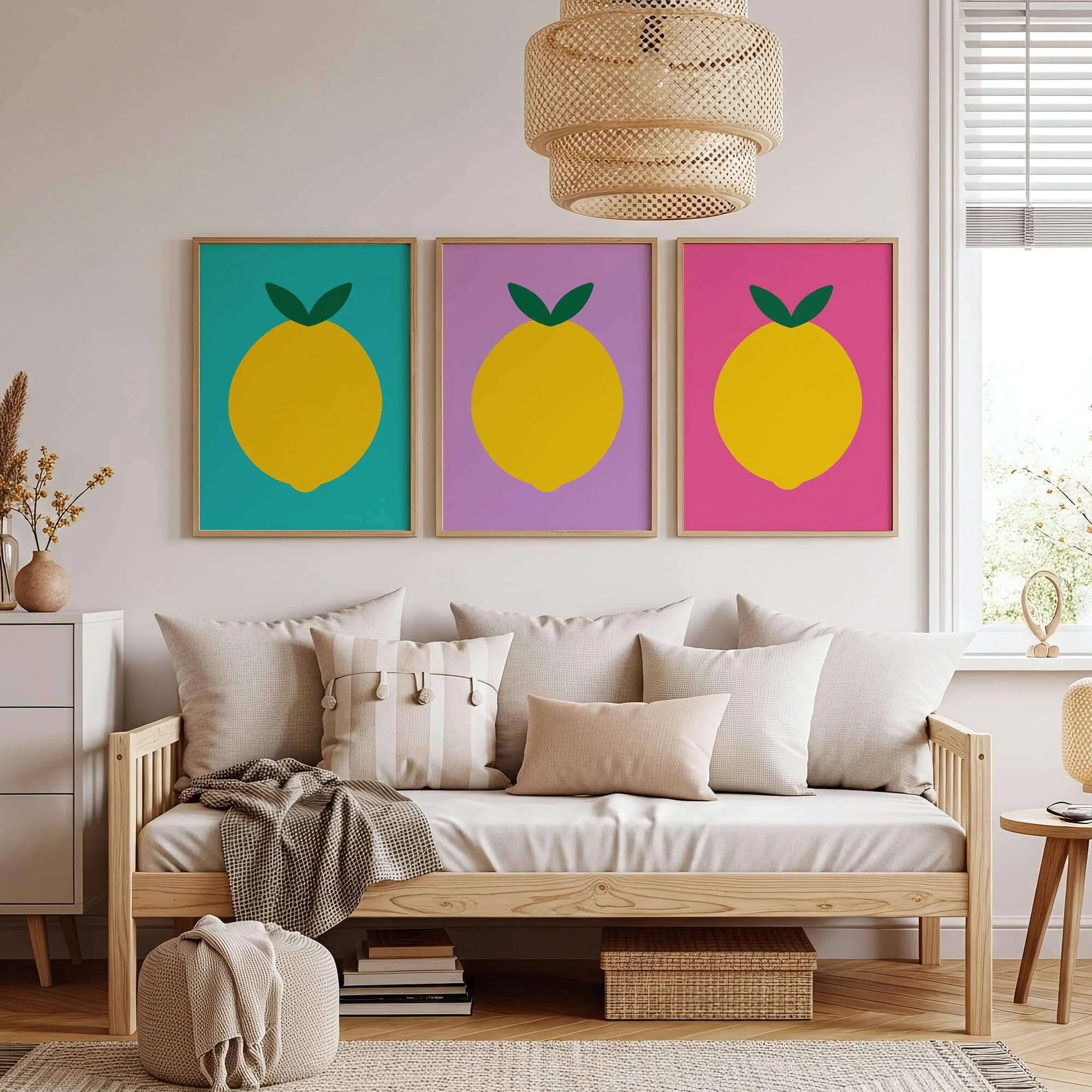 Framed set of colourful lemon posters hanging on white wall above sofa