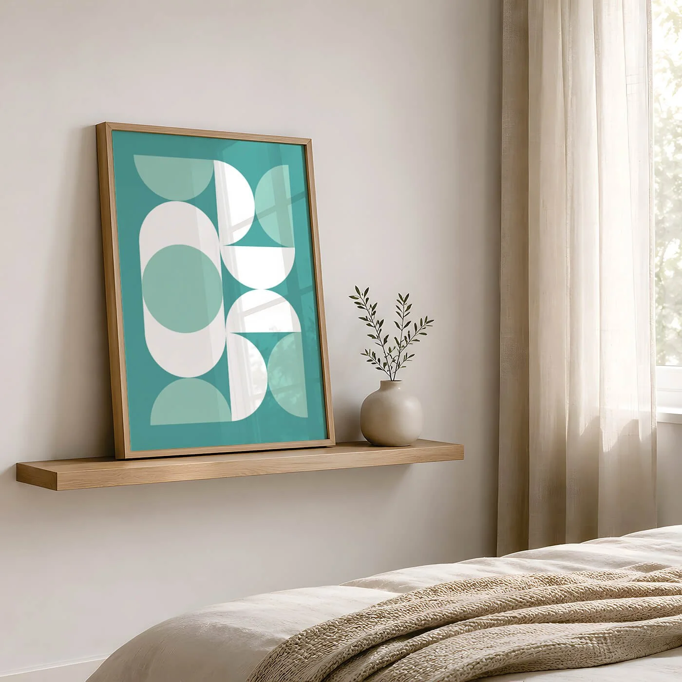 Green Bauhaus abstract geometric print in oak frame styled on floating wooden shelf beside ceramic vase