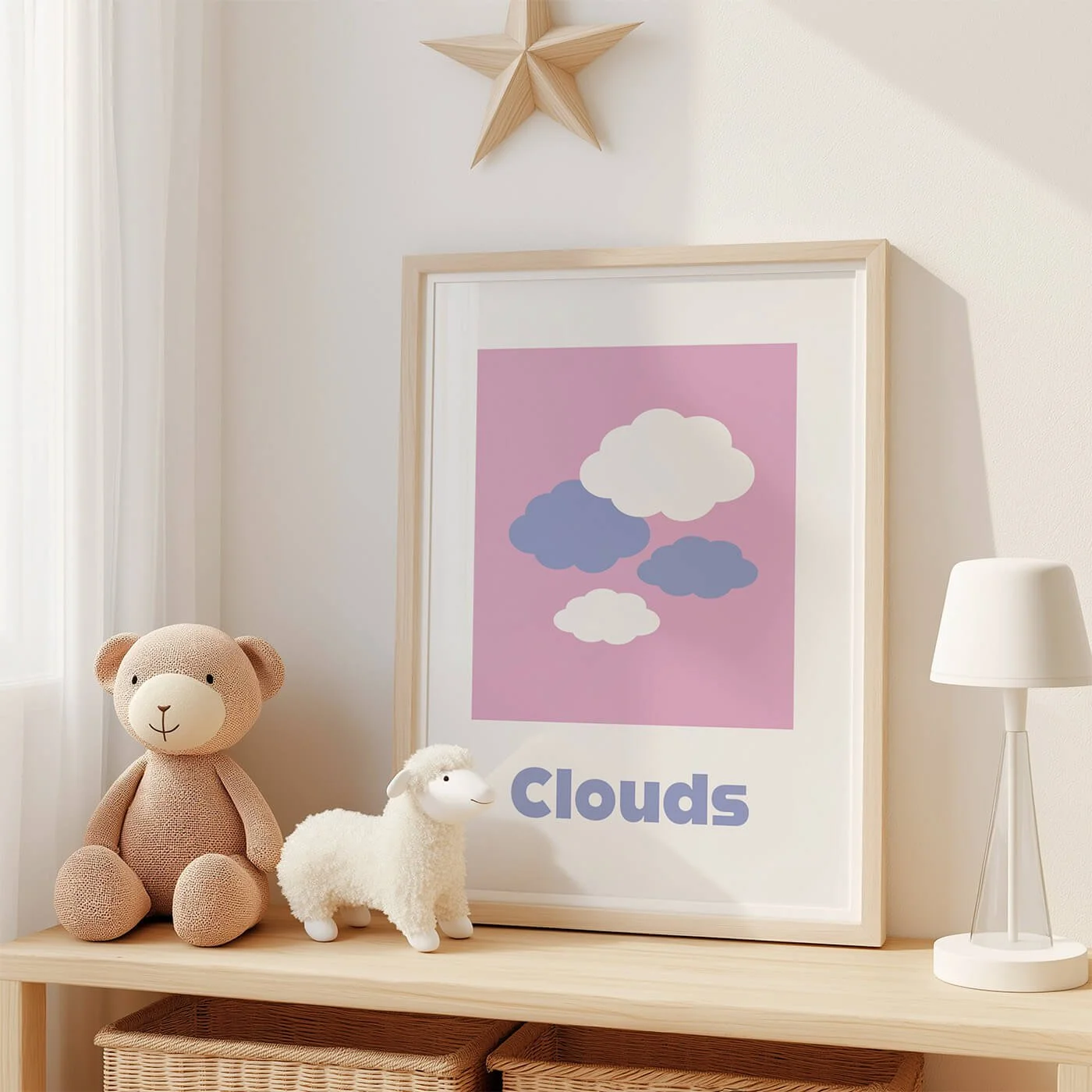 Educational pastel clouds word recognition kids print styled in a frame on a wooden nursery shelf next to two soft stuffed toys