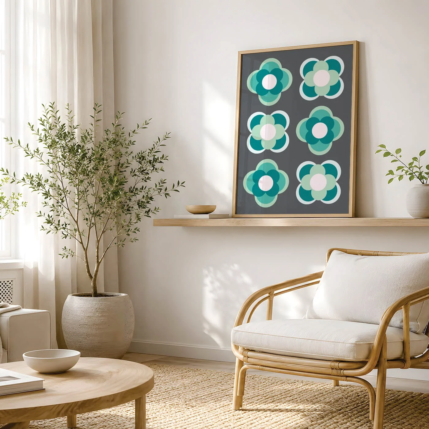 Green contemporary flower print in a wooden frame above a beige chair in a modern living room