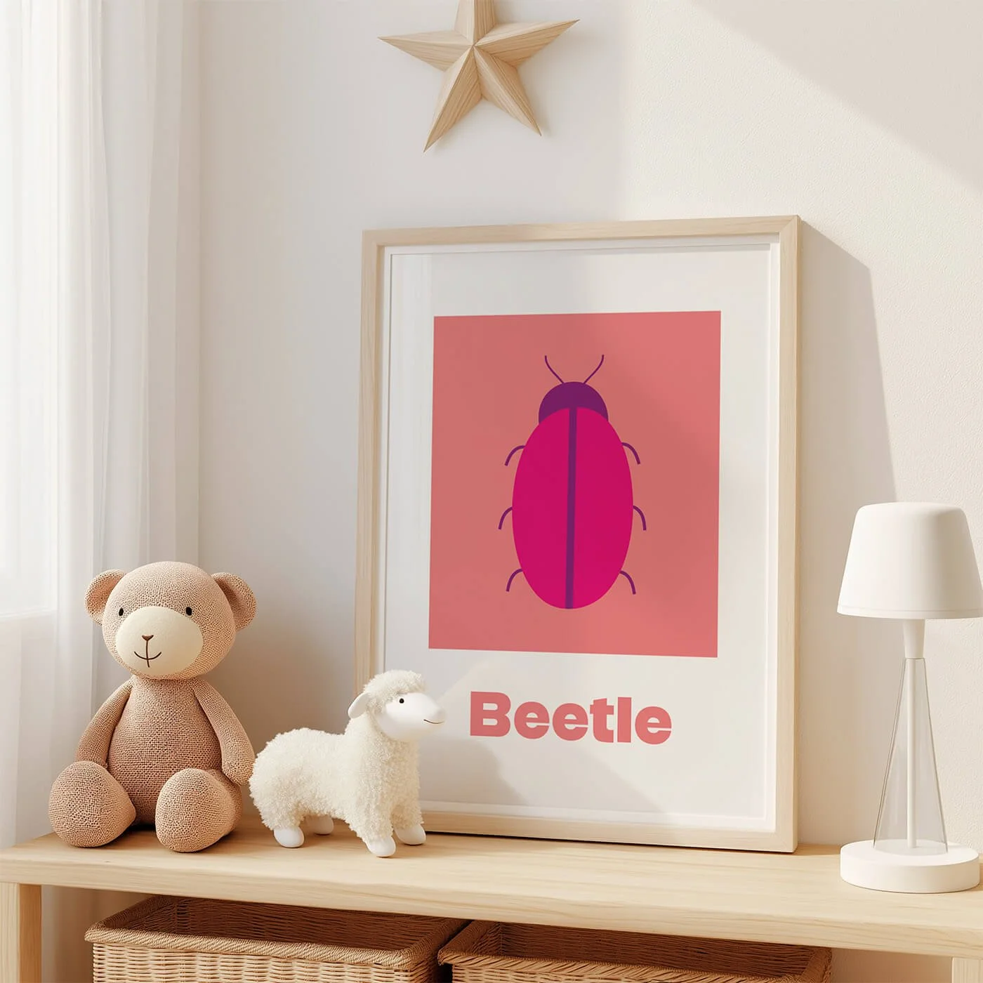 Beetle Learning Print displayed in a modern oak frame on a shelf in a contemporary children's bedroom with two soft toys. Colourful insect wall art on a peach background