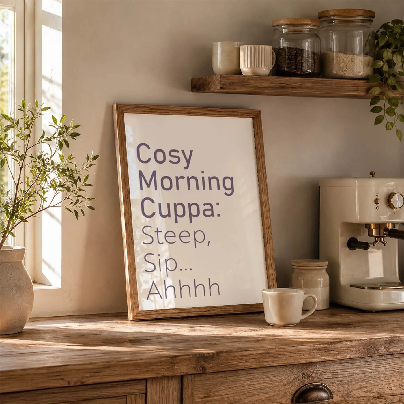 Tea Typography Print framed on a kitchen worktop beside a coffee machine