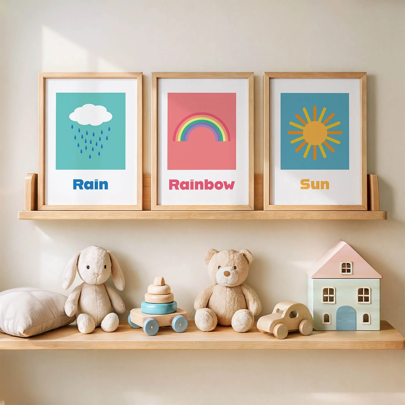 framed set of three nursery prints with weather theme featuring colourful rainbow, sun and clouds, displayed on shelf above shelf of stuffed toys