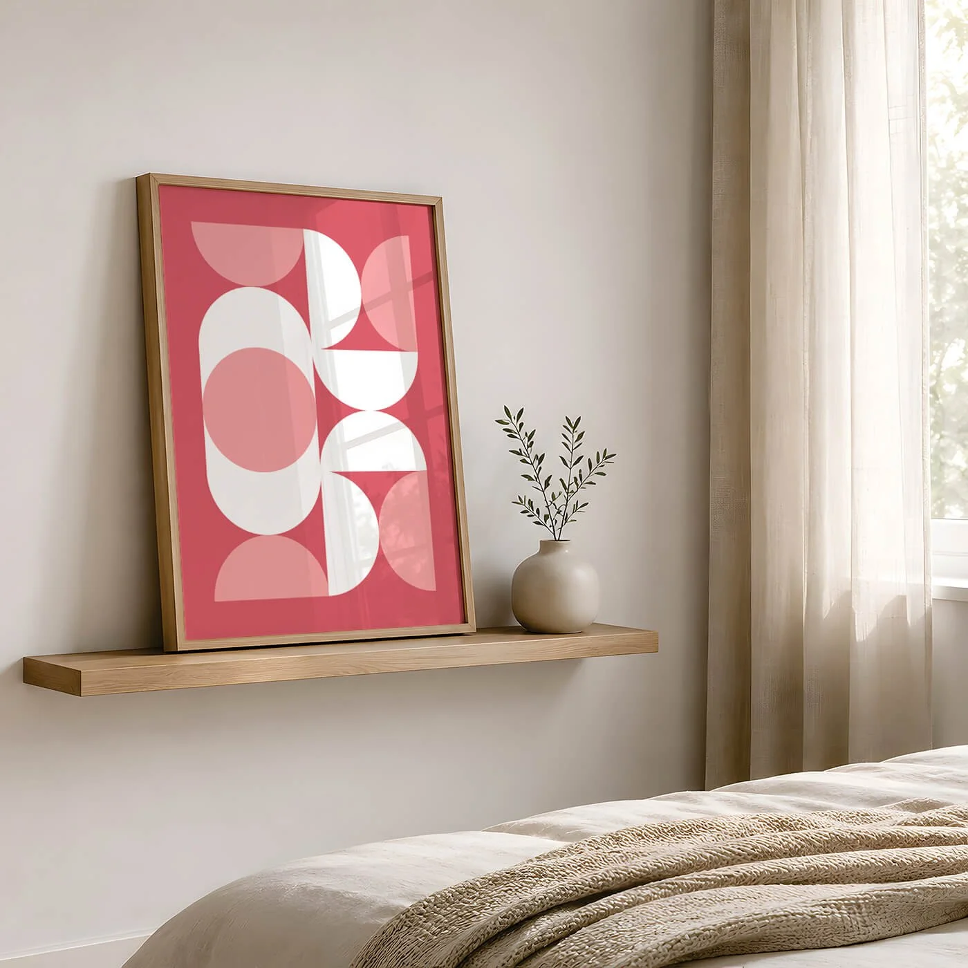 framed coral coloured geometric print on wooden shelf opposite bed in bedroom