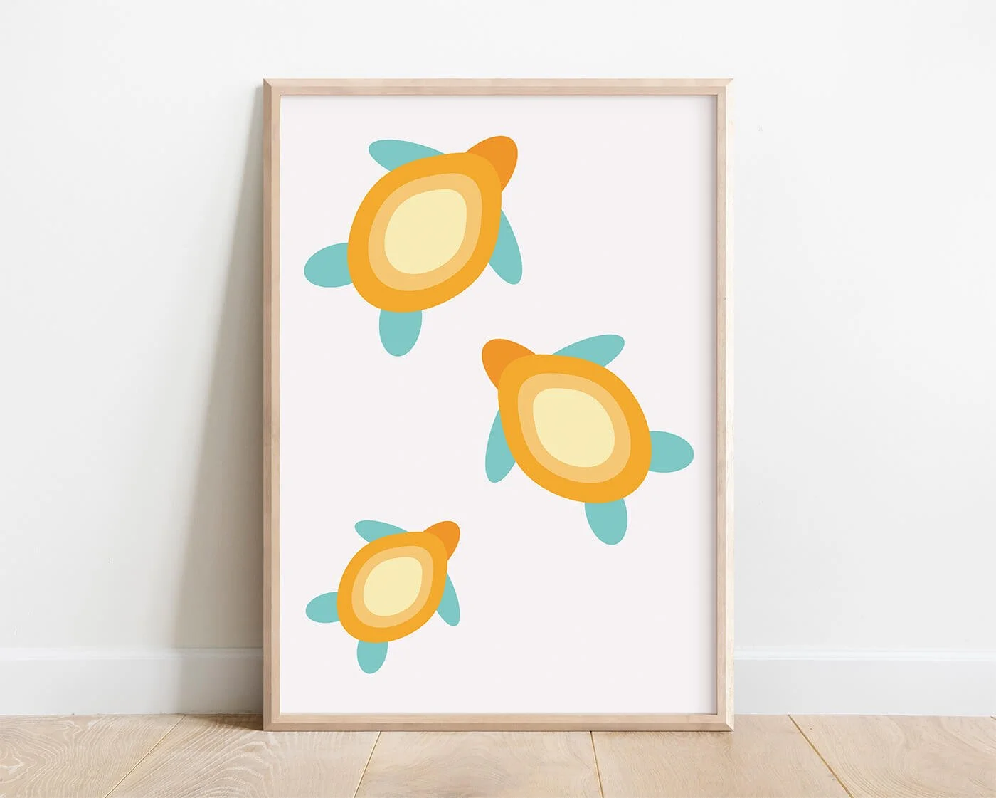 Framed picture of modern bathroom print of multiple yellow turtles on white background