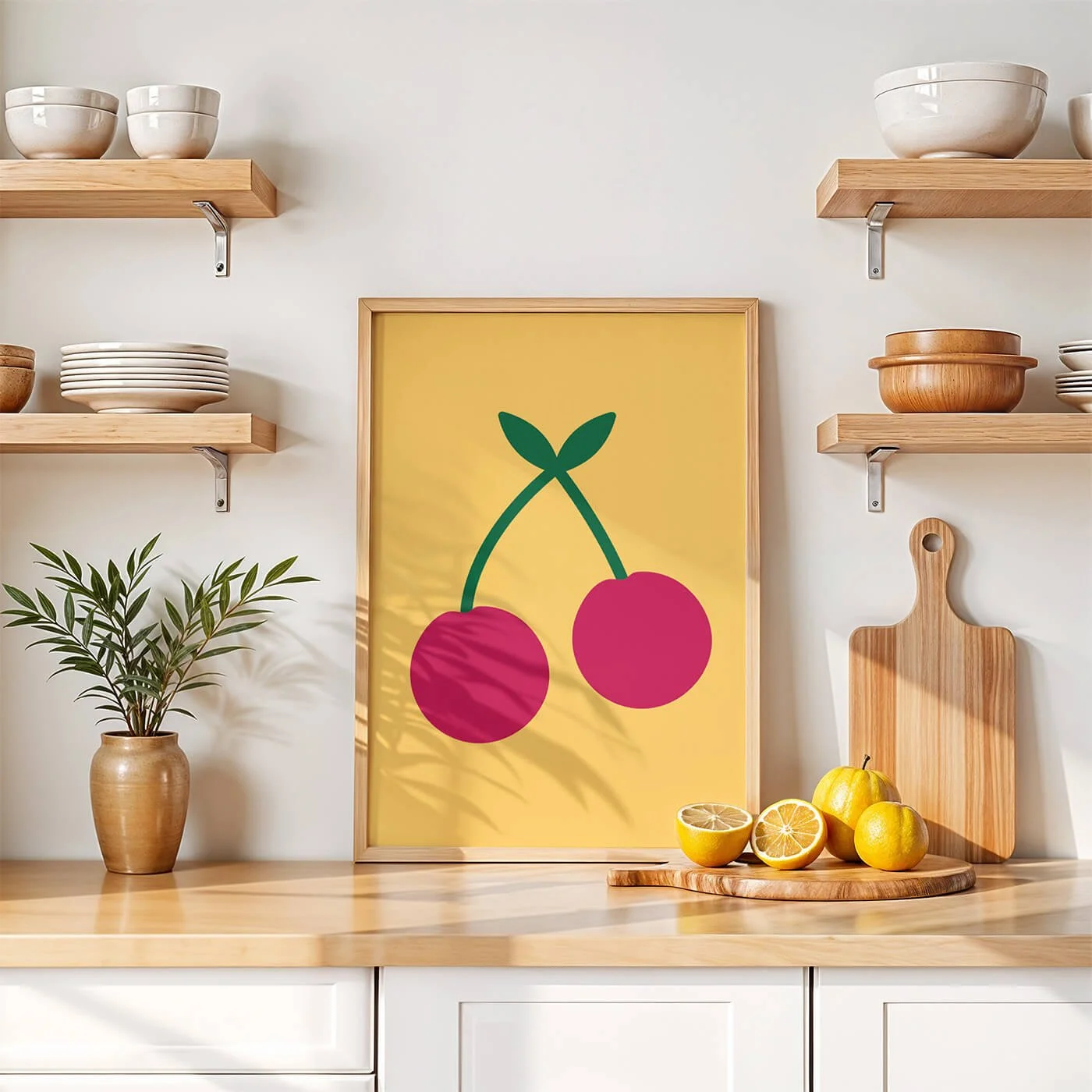Yellow Cherry Kitchen Print displayed in a modern kitchen with colourful retro décor