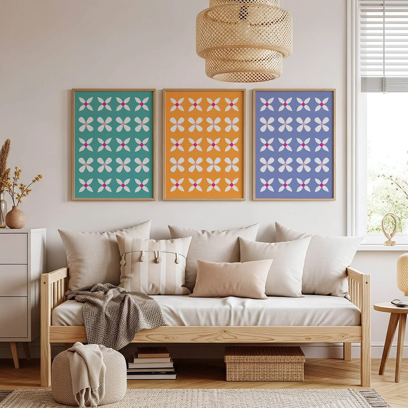 framed set of colourful abstract flower prints displayed on wall above sofa in living room