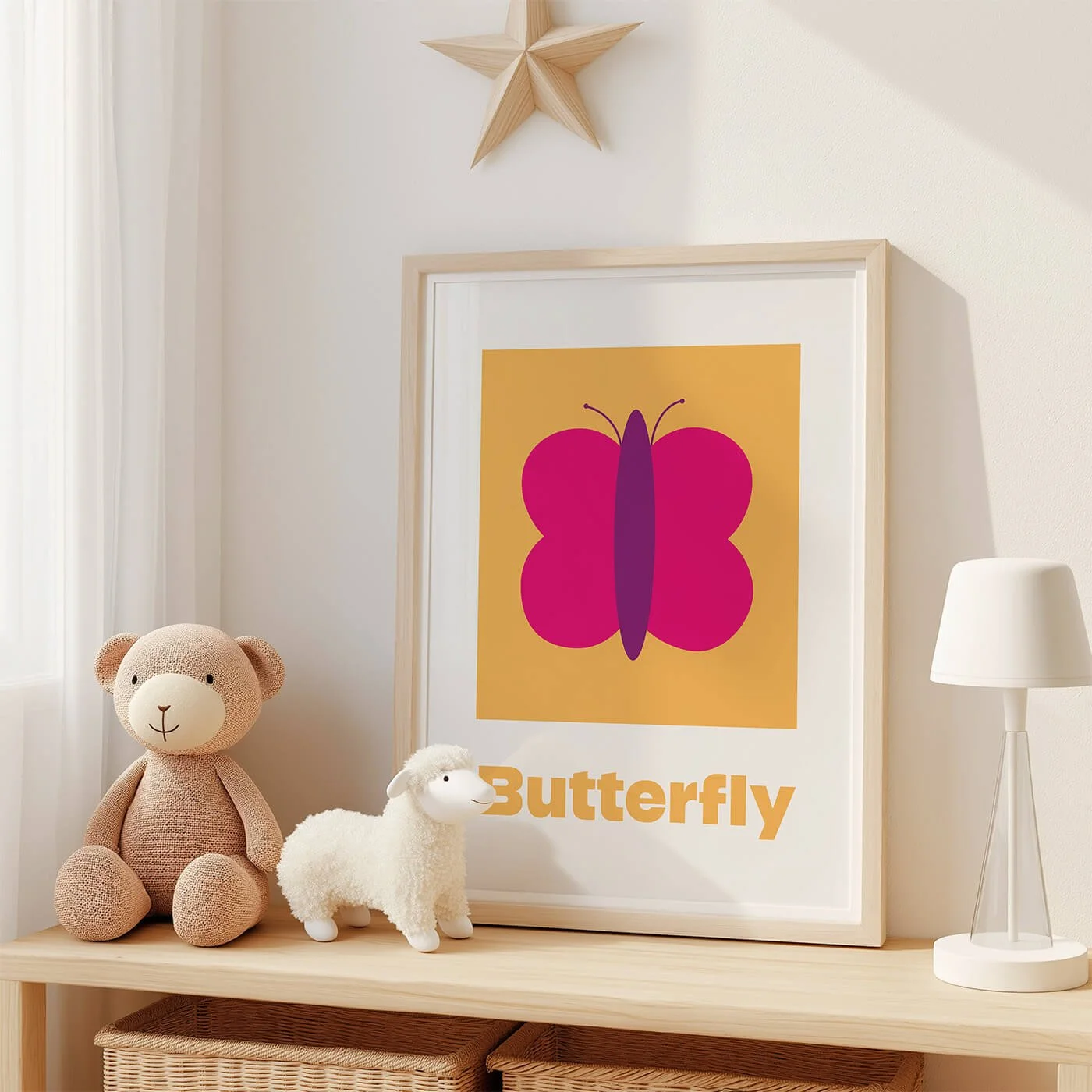 Butterfly Learning Print displayed in a modern oak frame on a shelf in a contemporary children's bedroom with two soft toys. Colourful butterfly wall art on a yellow background.