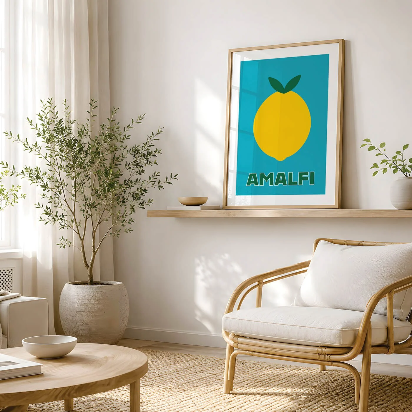 framed italian lemon print in lbue displayed on white wall above wicker chair in white living room