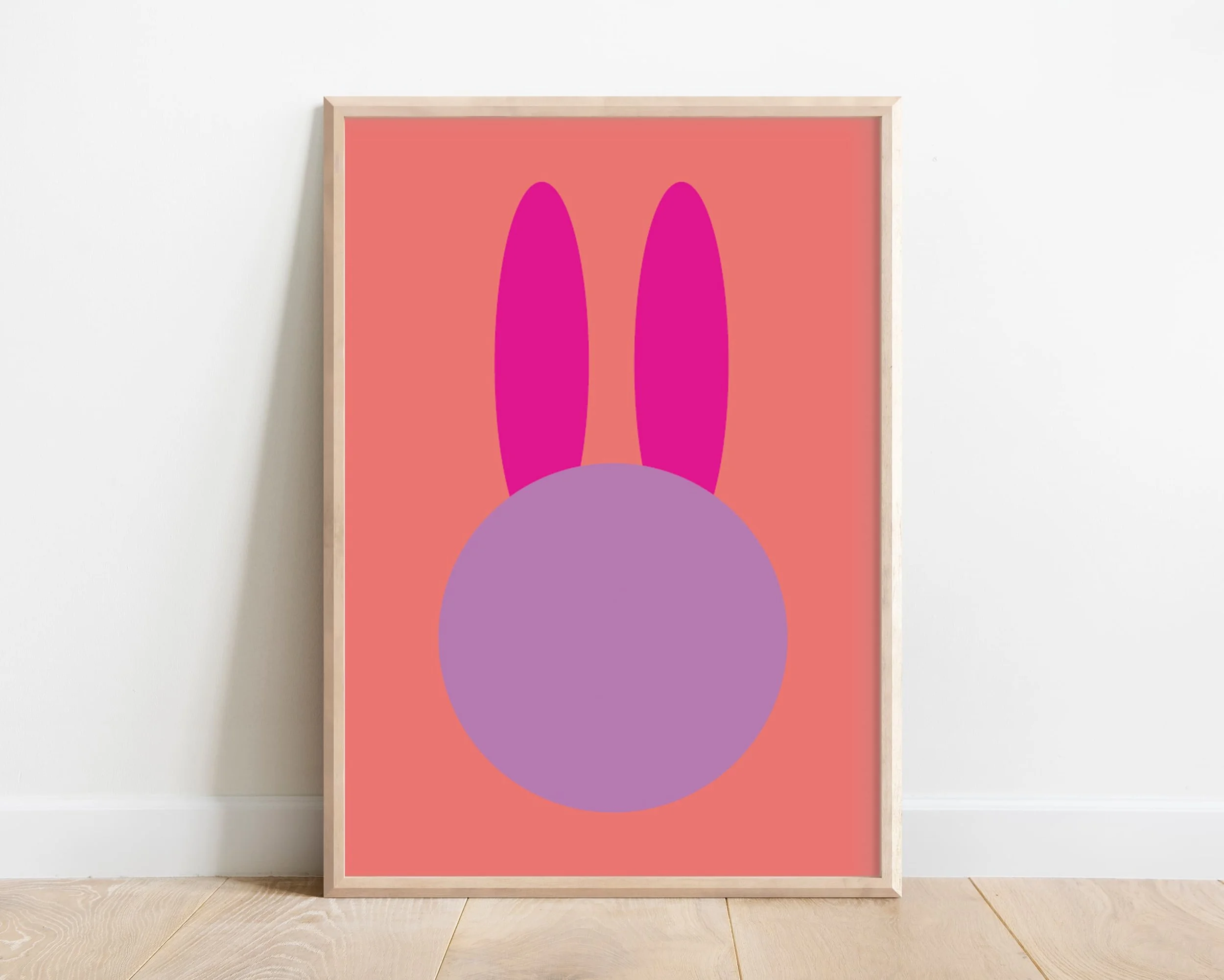 Bright abstract print featuring simple shapes of bunny illustration, ideal children’s room decor.
