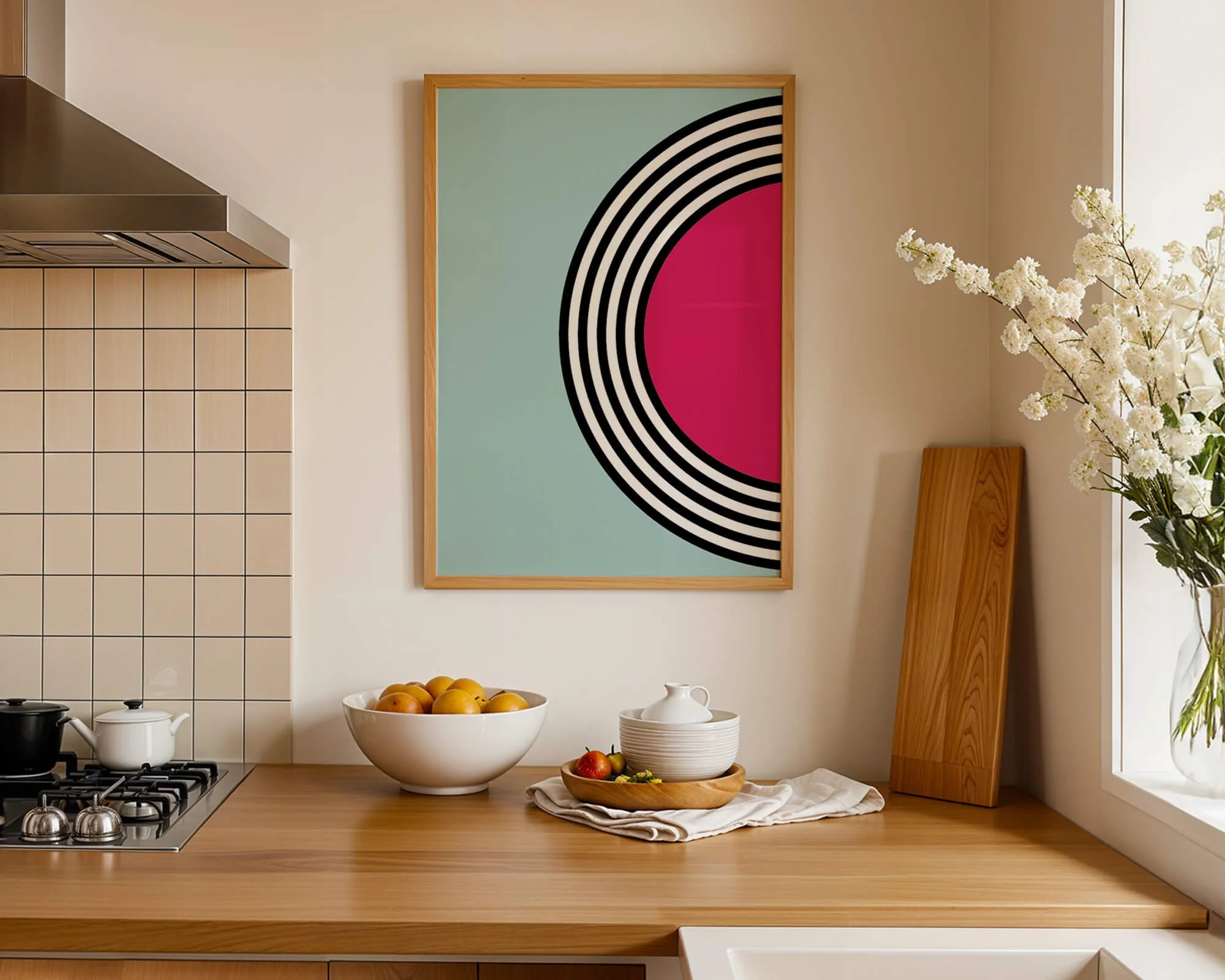 Retro design poster with abstract black and white vinyl shapes and pink centre, displayed in wooden frame