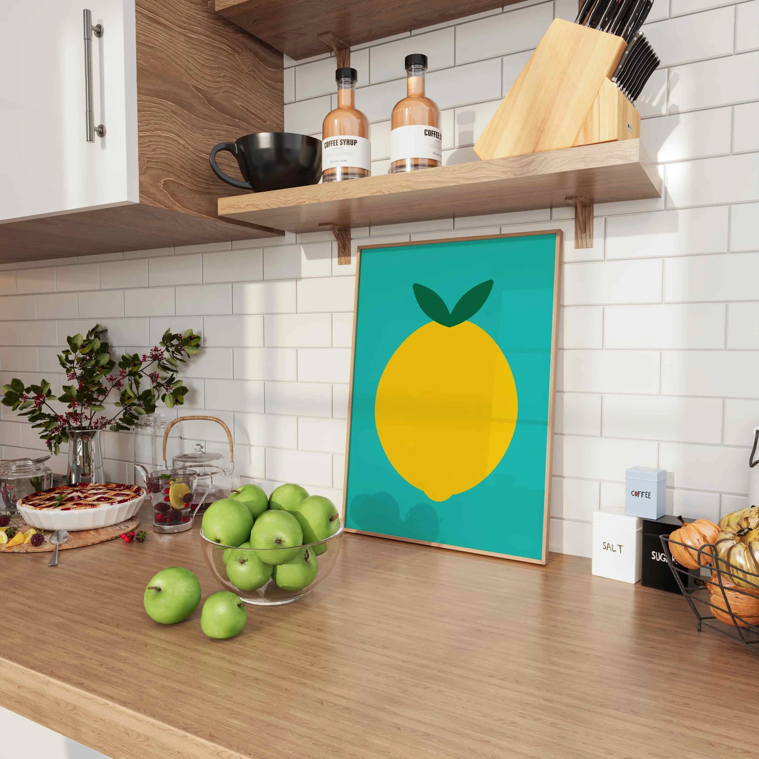 vibrant green lemon poster leaning against white wall next to a bowl of apples in modern kitchen