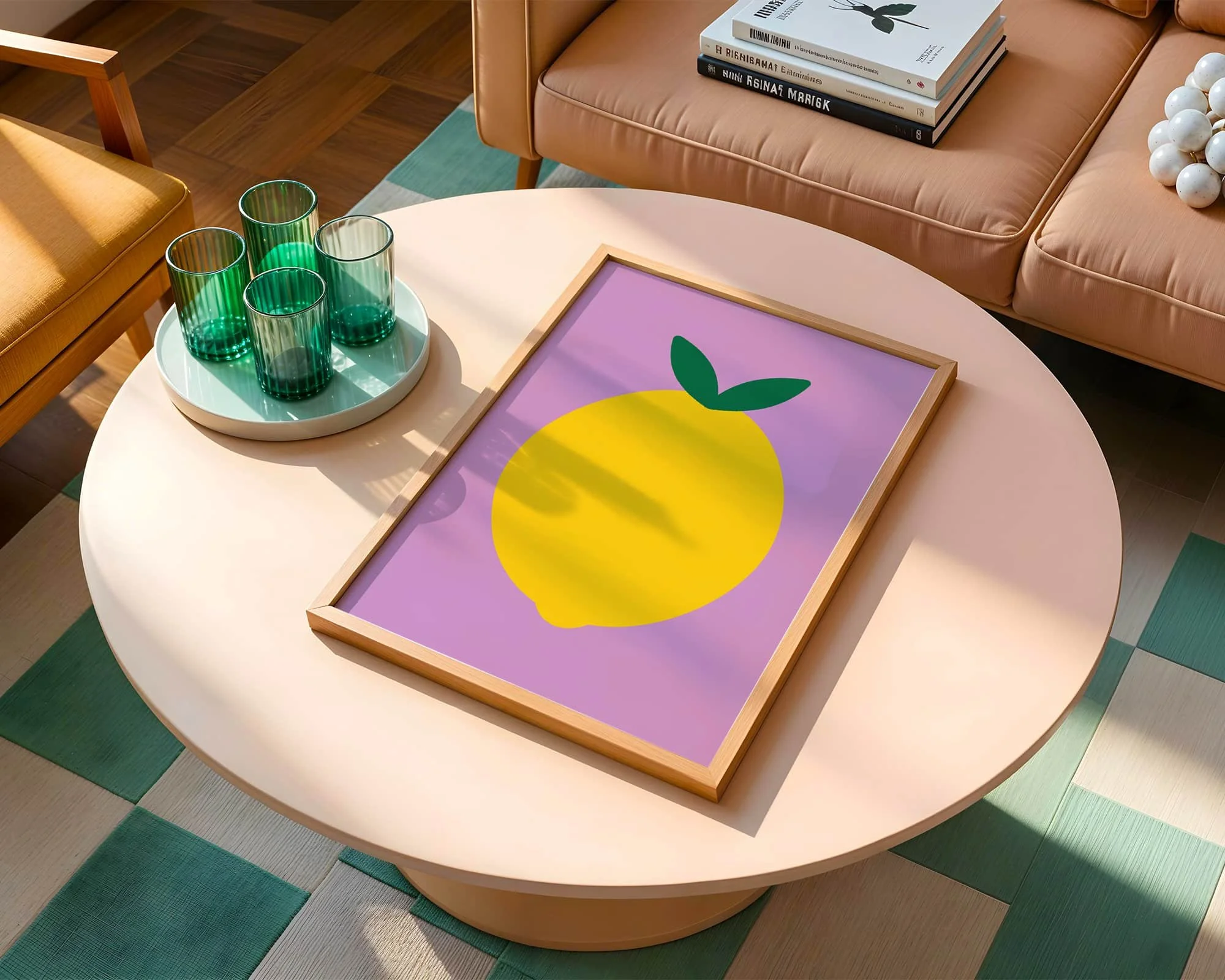 retro style print of giant lemon with purple surround sitting on round coffee table next to sofa