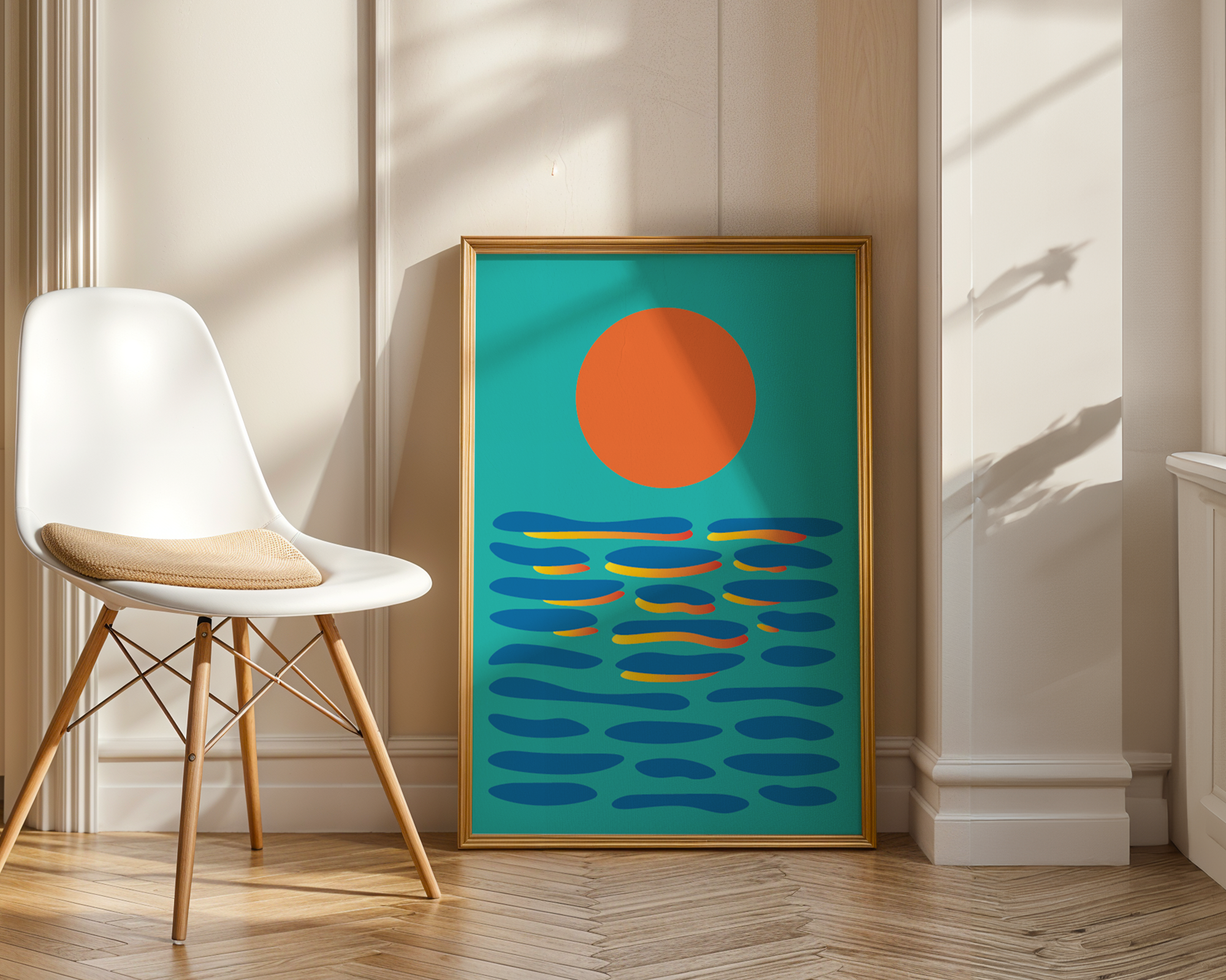sunset illustration in large frame leaning against wall in white hallway interior