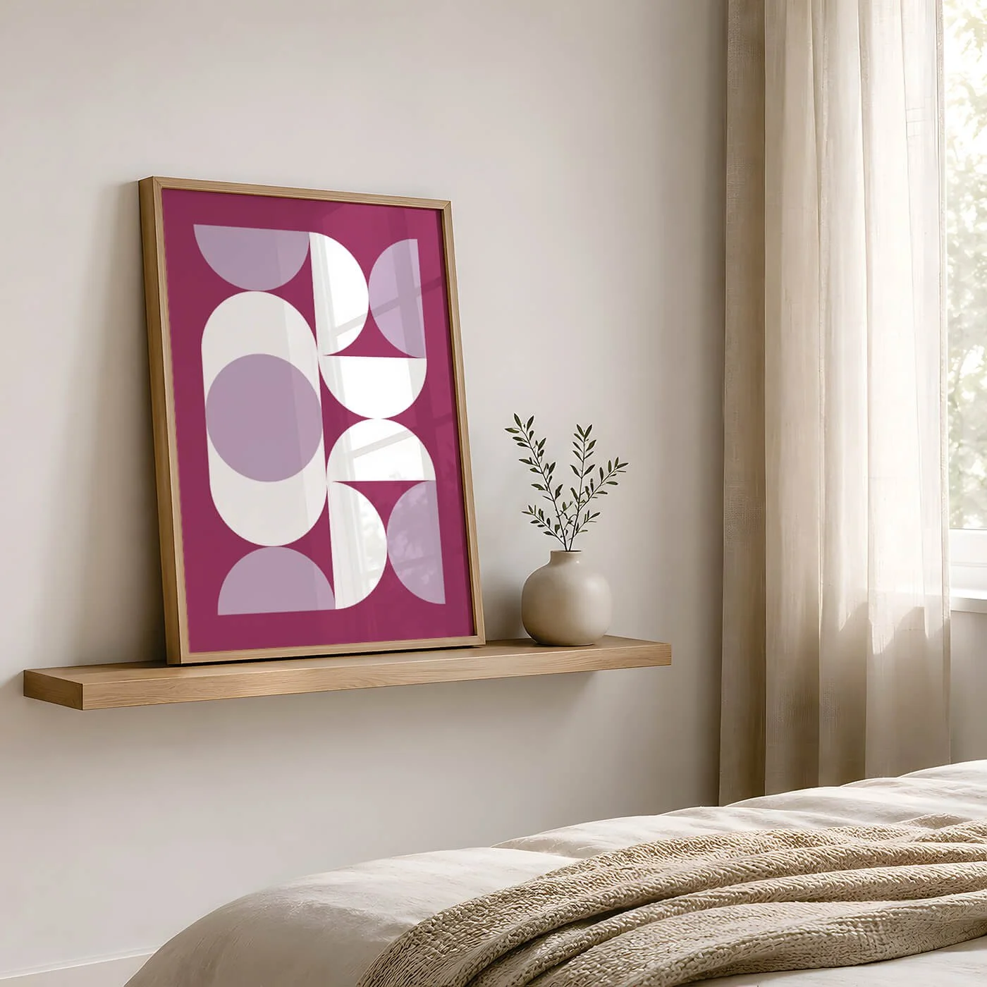Purple Bauhaus abstract geometric print in oak frame styled on floating wooden shelf beside ceramic vase