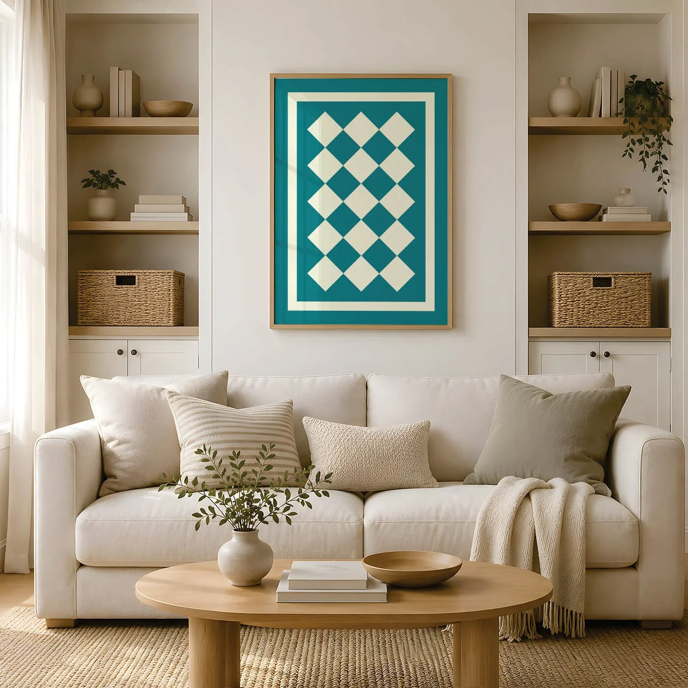 Teal geometric Aztec wall art print with cream diamond pattern in a contemporary neutral living room