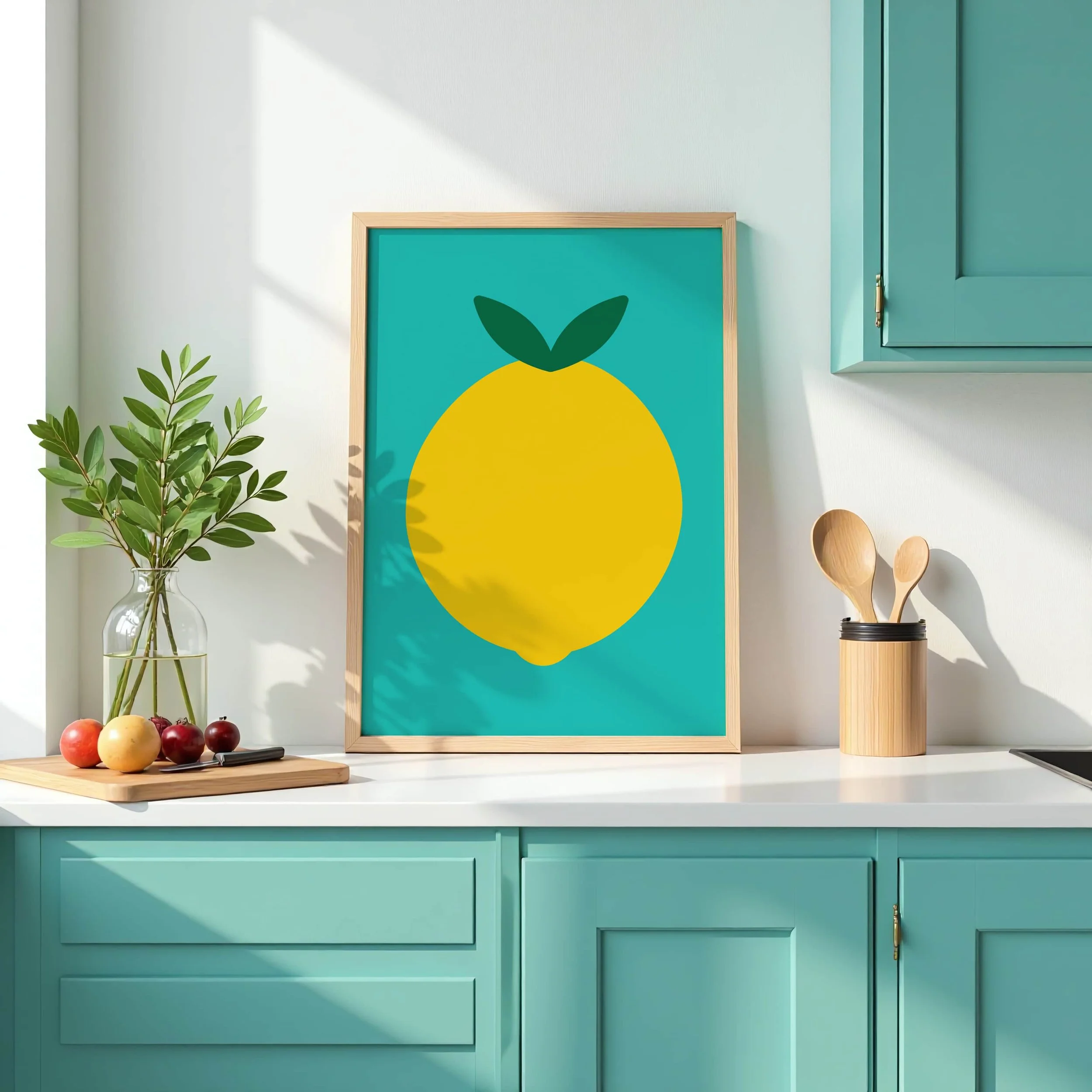 vibrant lemon print in frame on contemporary green kitchen worktop