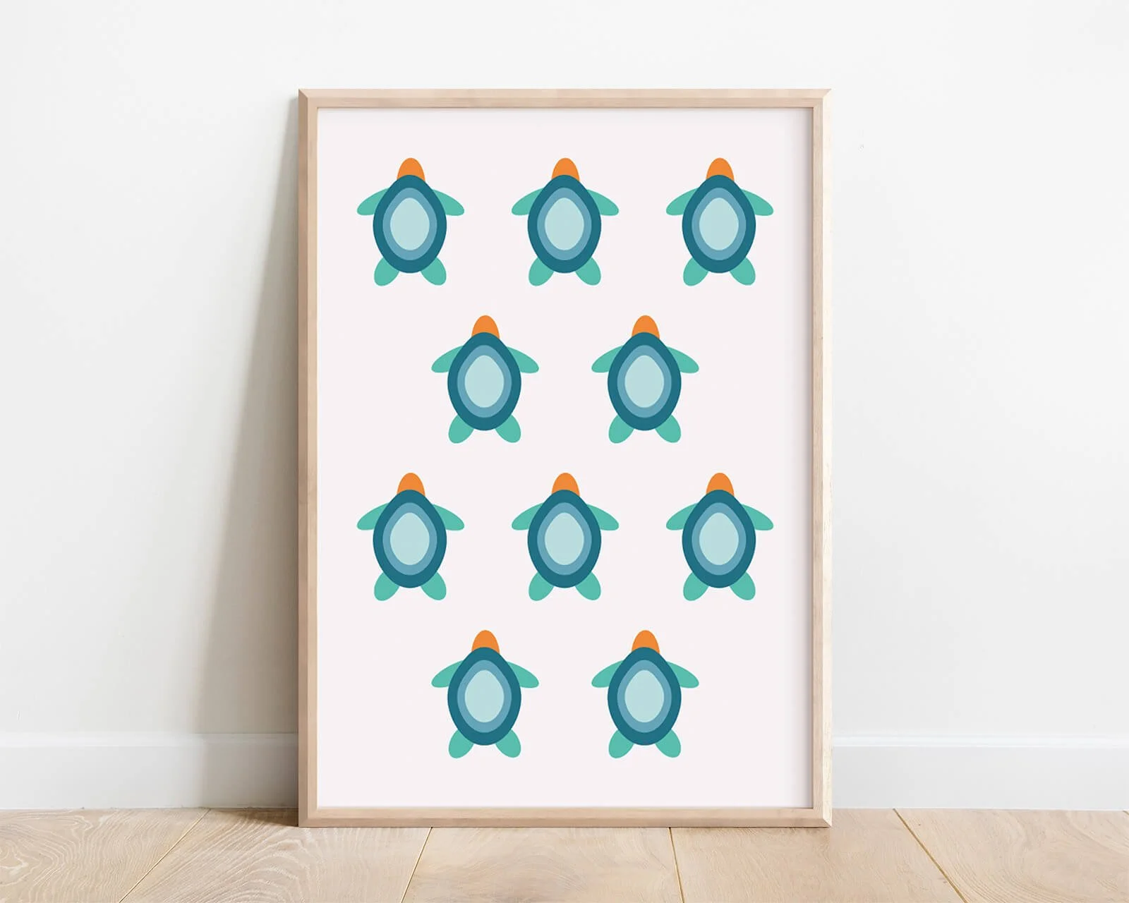Framed picture of modern bathroom print of multiple green turtles on white background