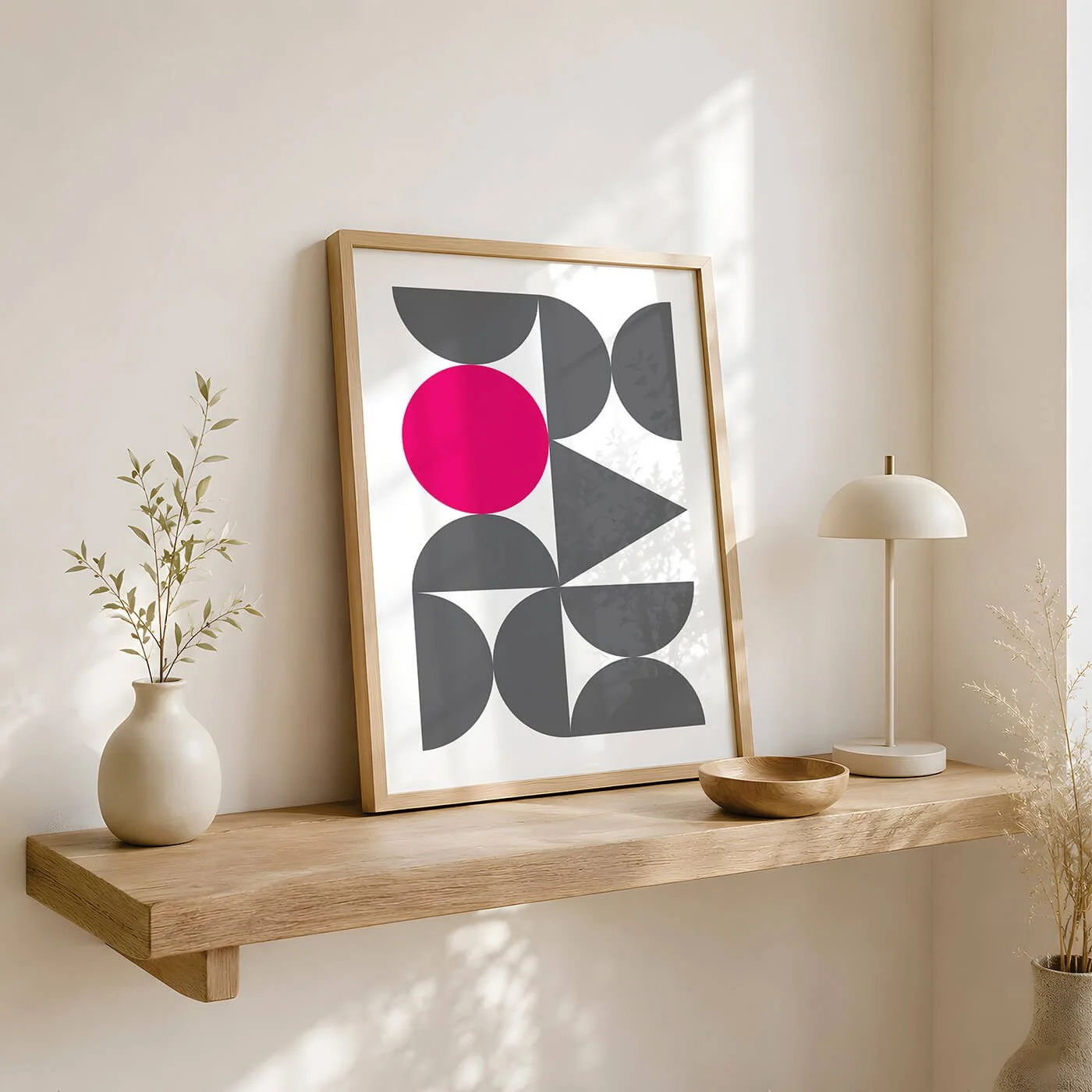 Grey Abstract Forms Print displayed in a wooden frame on a modern sideboard with stacked books, a ceramic bowl, a leafy plant and natural window light.