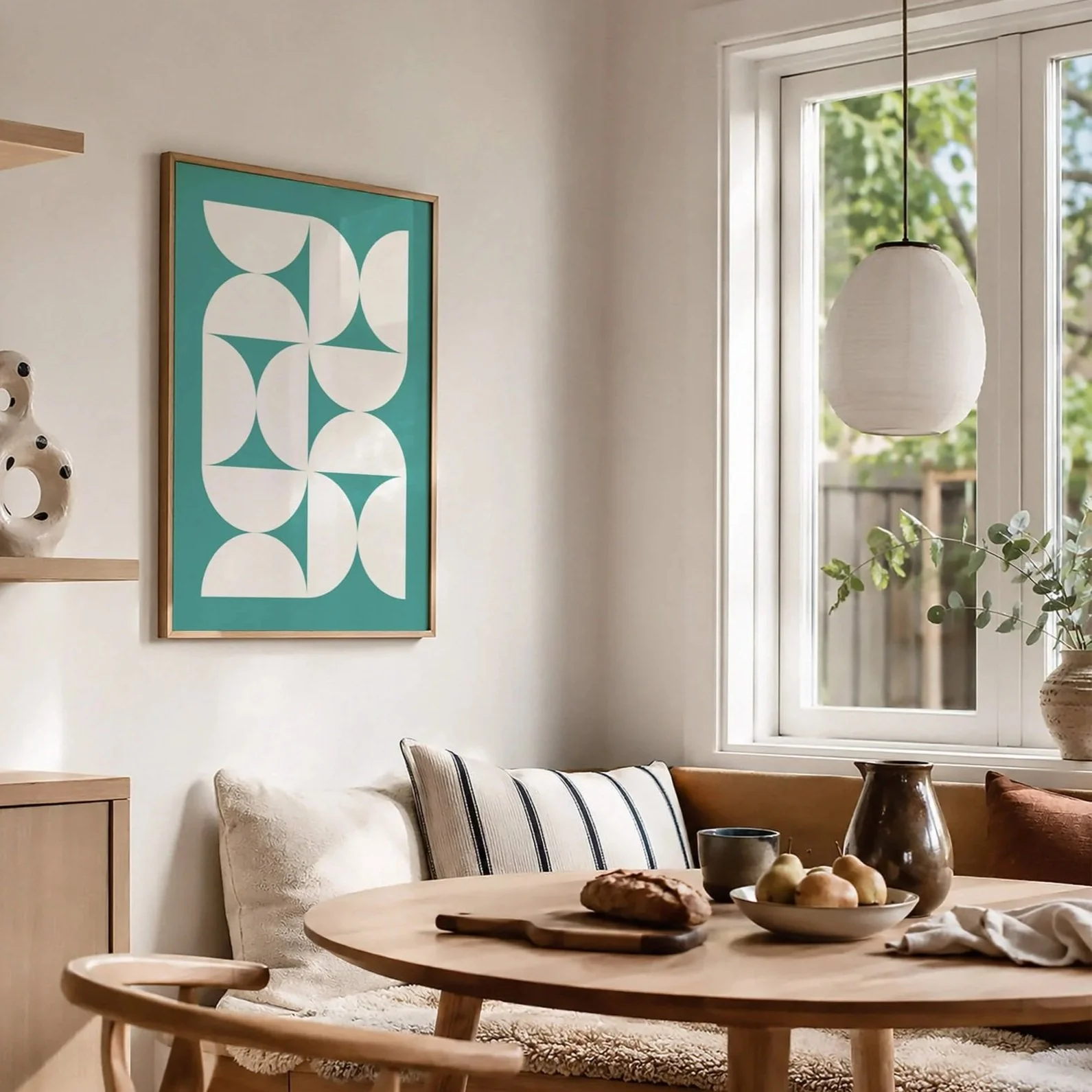Interior view of a cozy dining area with a round wooden table set with bread, apples, and a brown vase, beige armchair with a textured cushion, artwork on the wall, a white paper lantern pendant light hanging, and a large window with green trees outside.