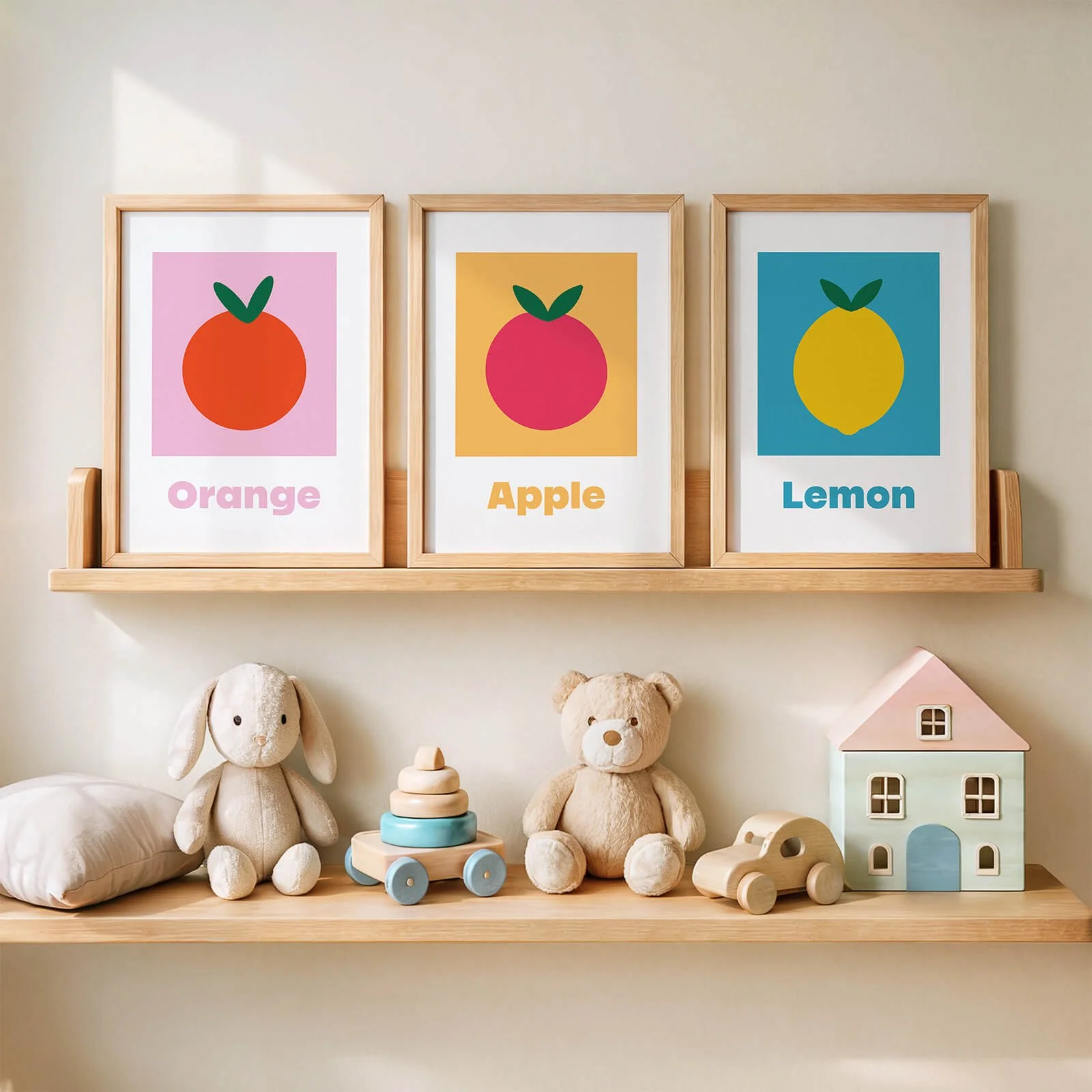 set of fruit themed learning prints for children displayed on shelf above a row of childrens toys