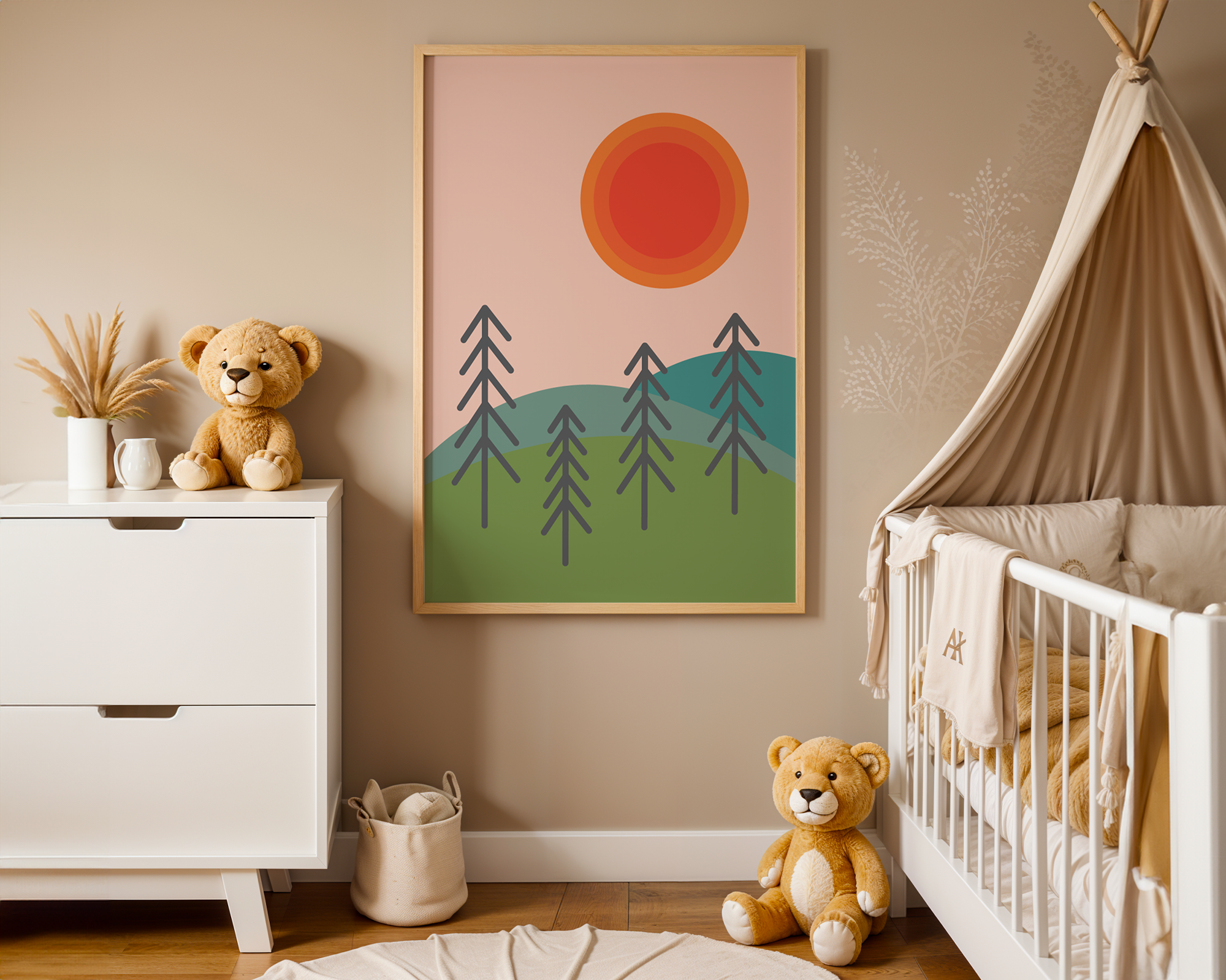 sun print in nursery next to white cot