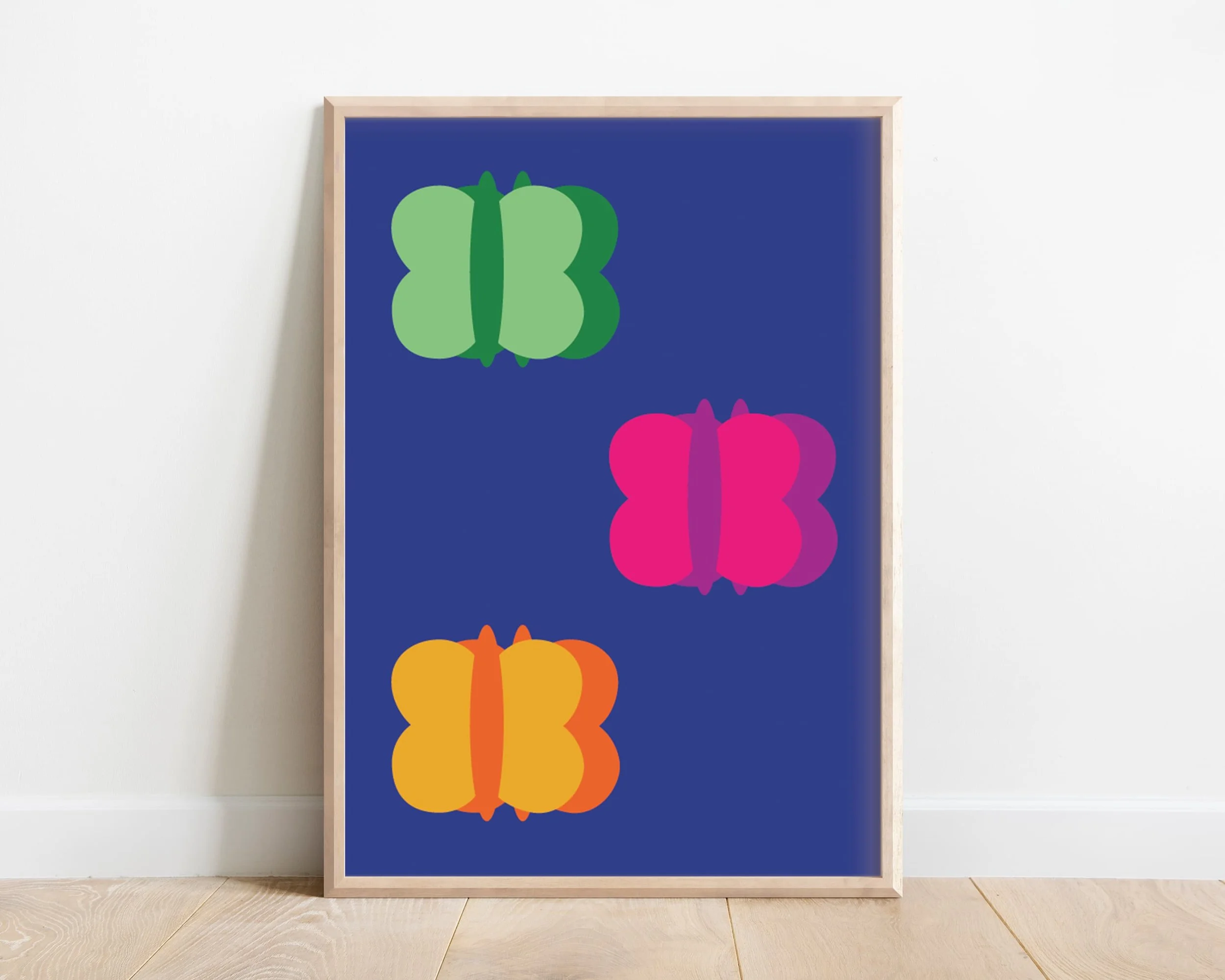 Kids style print of three multicoloured butterflies on a dark blue background – vibrant children's wall art for playful children's room décor